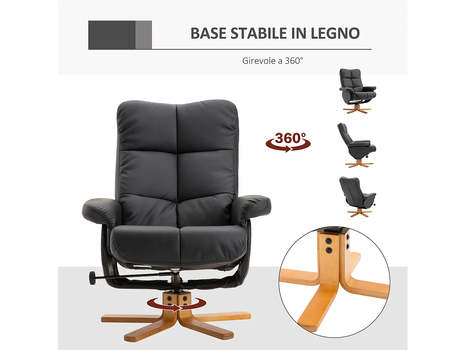Sedia reclinabile e girevole con poggiapiedi contenitore nero