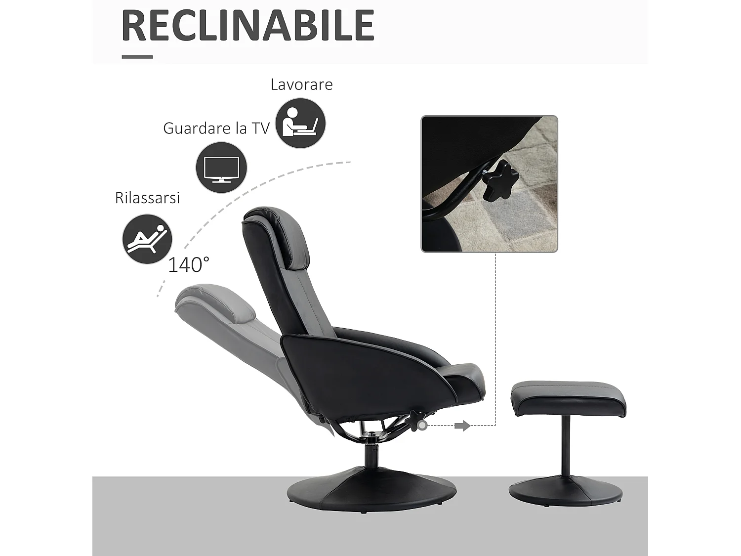 Poltrona relax reclinabile con pouf poggiapiedi in finta pelle