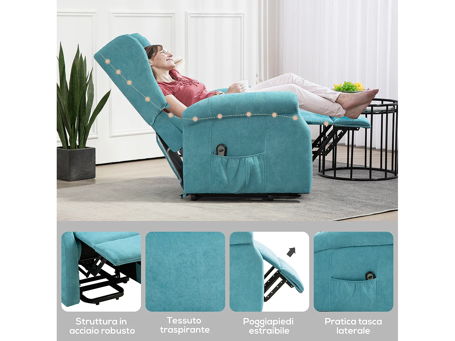 Poltrona alzapersona reclinabile con poggiapiedi e telecomando blu