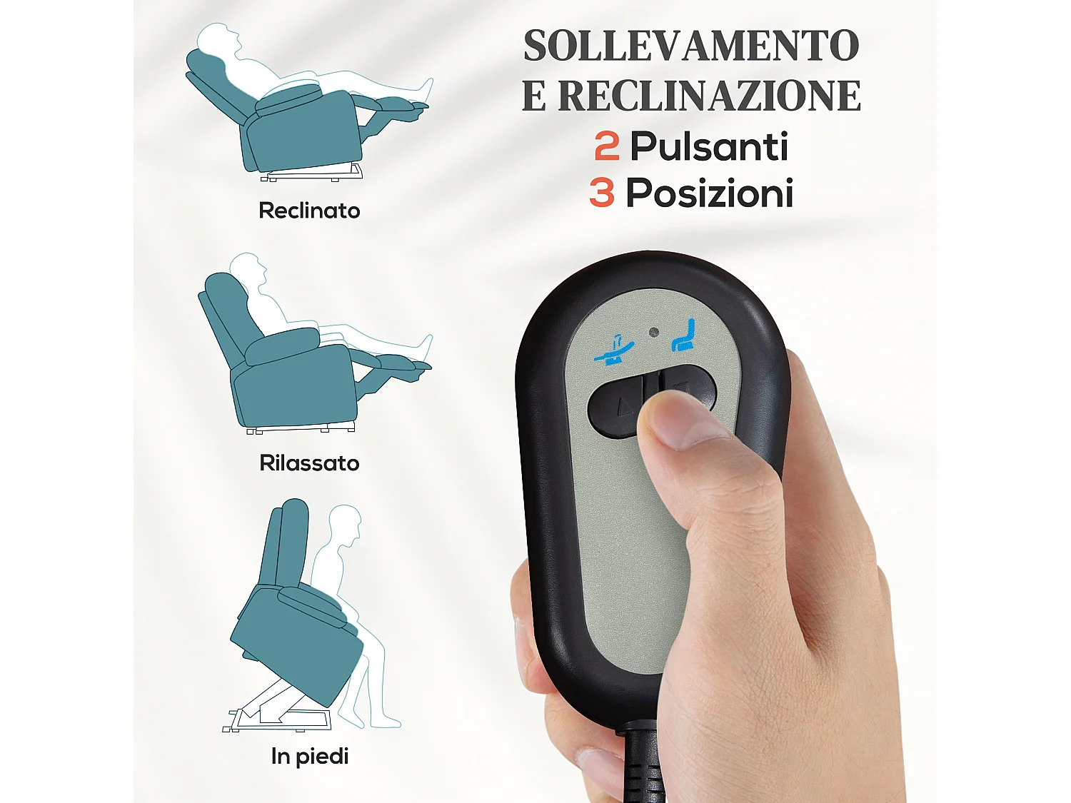 Poltrona alzapersona reclinabile con poggiapiedi e telecomando blu
