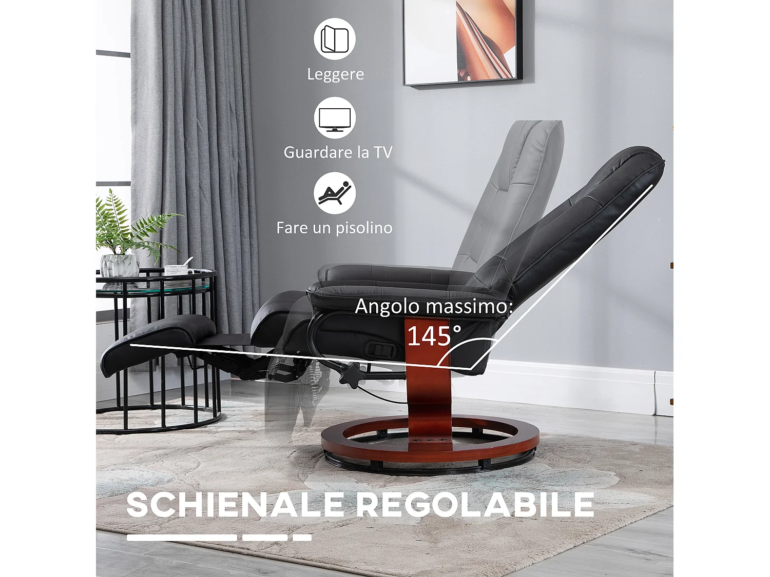 Poltrona reclinabile manualmente con poggiapiedi e girevole nero