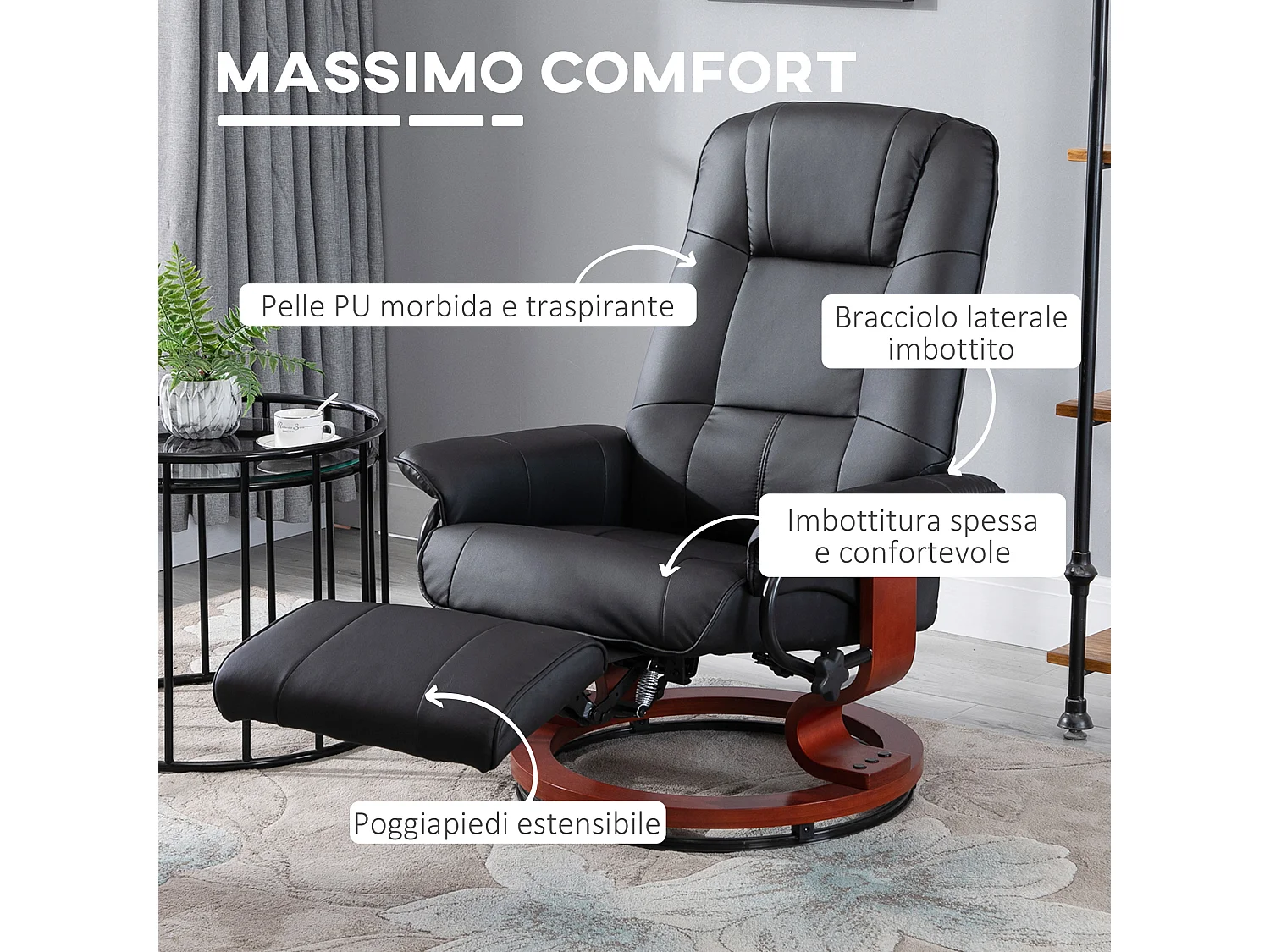 Poltrona reclinabile manualmente con poggiapiedi e girevole nero