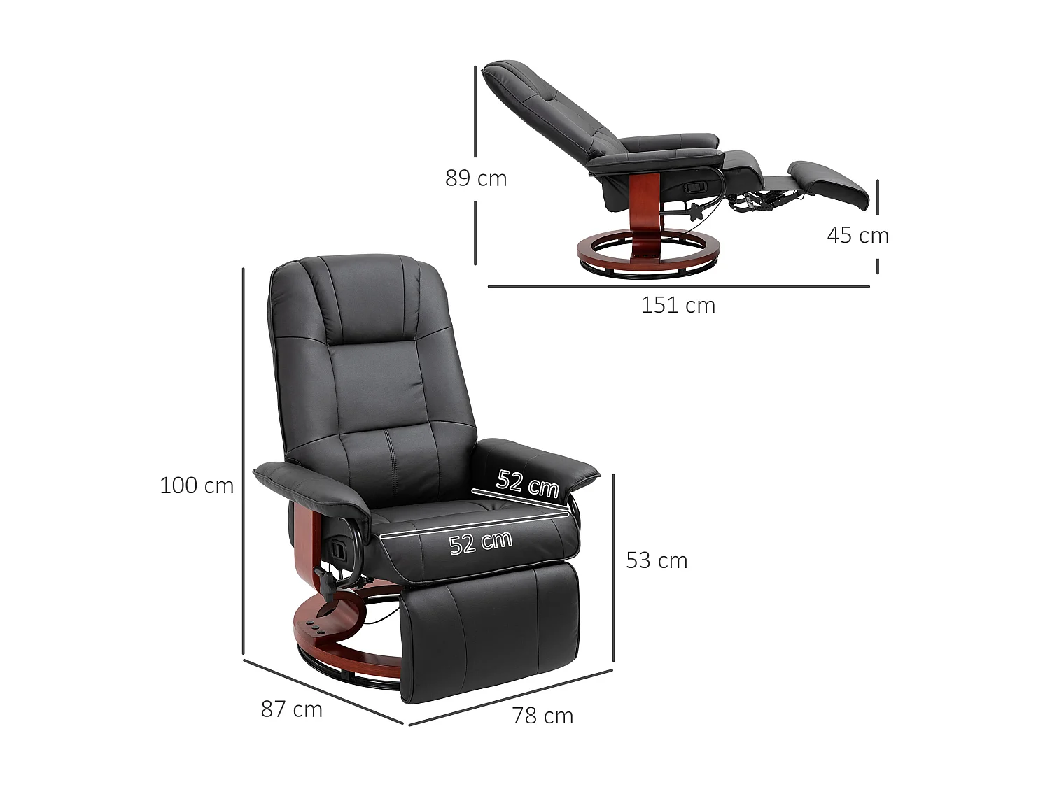 Poltrona reclinabile manualmente con poggiapiedi e girevole nero