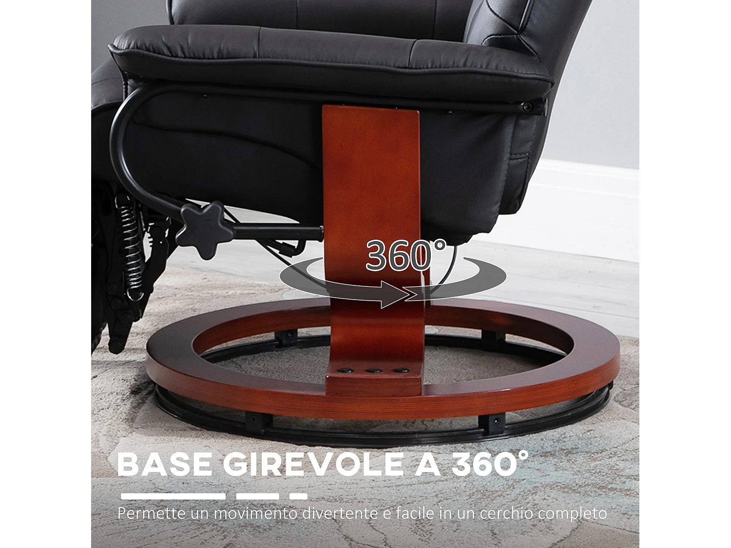 Poltrona reclinabile manualmente con poggiapiedi e girevole nero