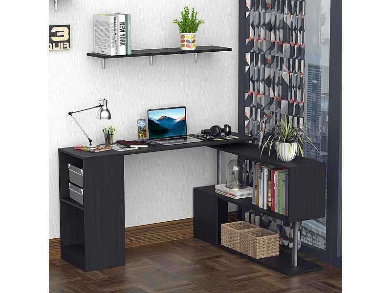 Scrivania angolare e salvaspazio per computer in legno nero
