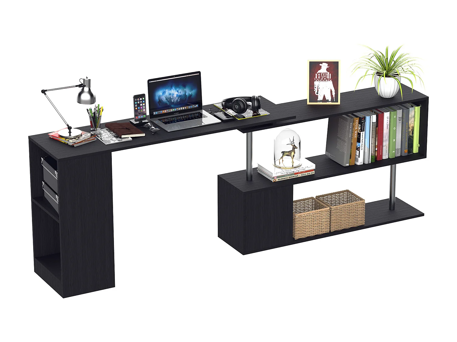 Scrivania angolare e salvaspazio per computer in legno nero