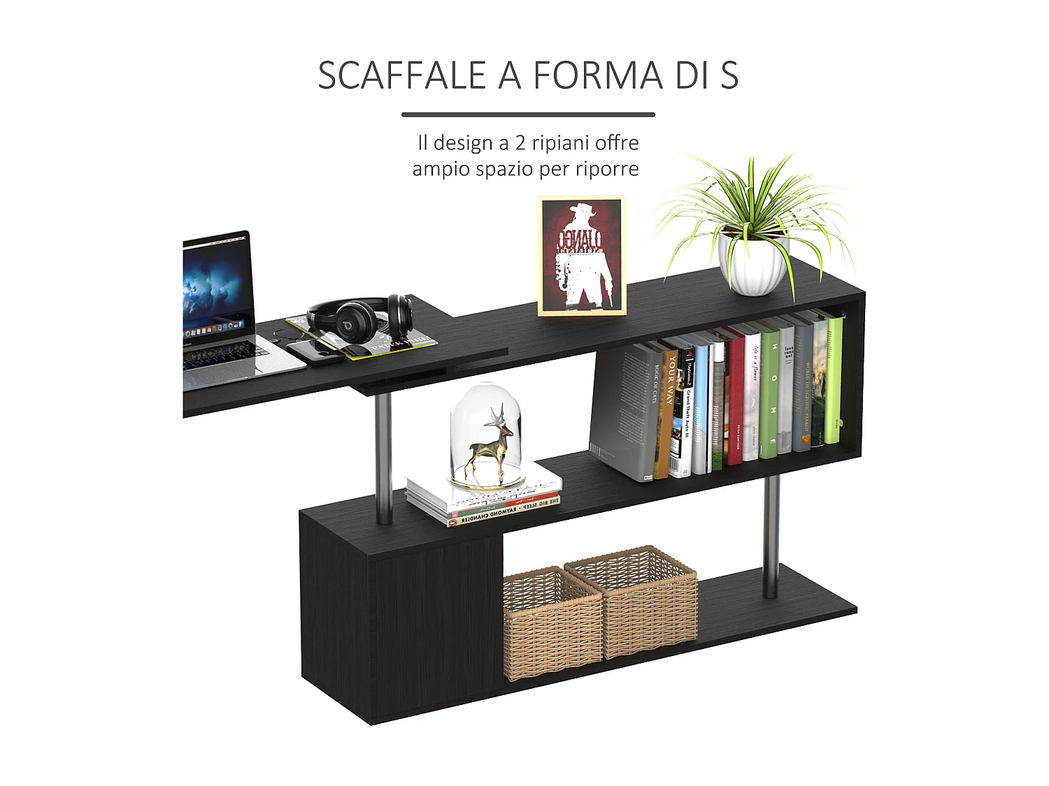 Scrivania angolare e salvaspazio per computer in legno nero