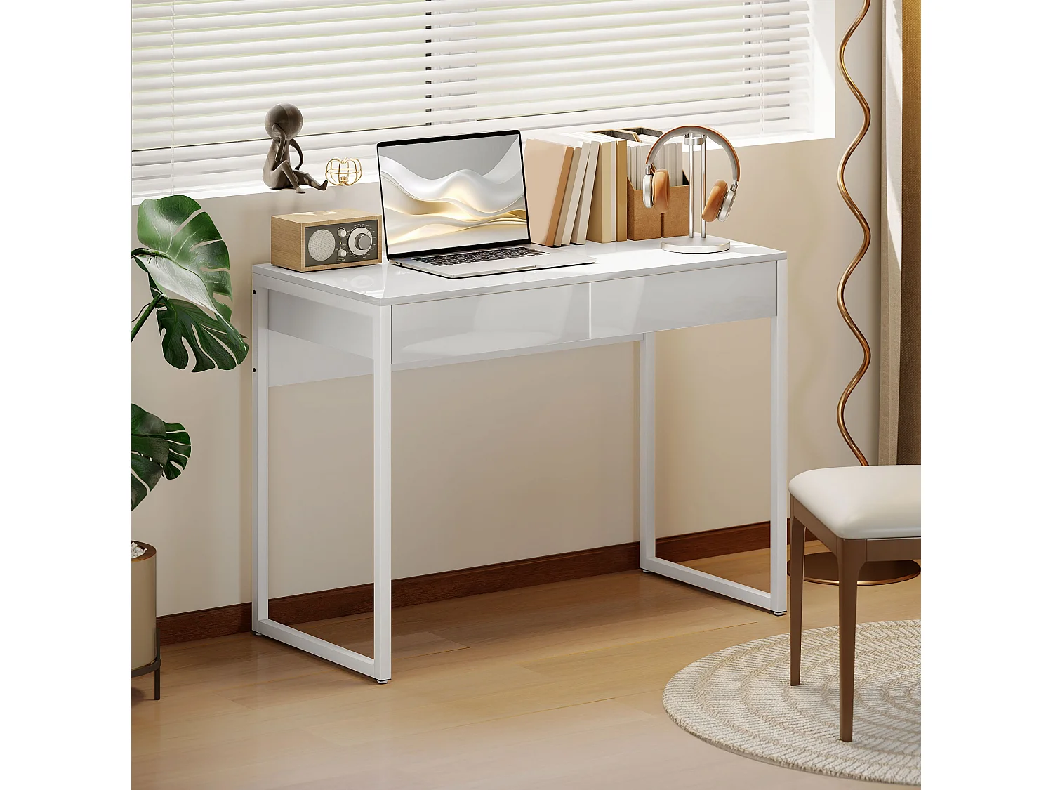 Scrivania Moderna con 2 Cassetti 100x50x75cm Bianco Lucido