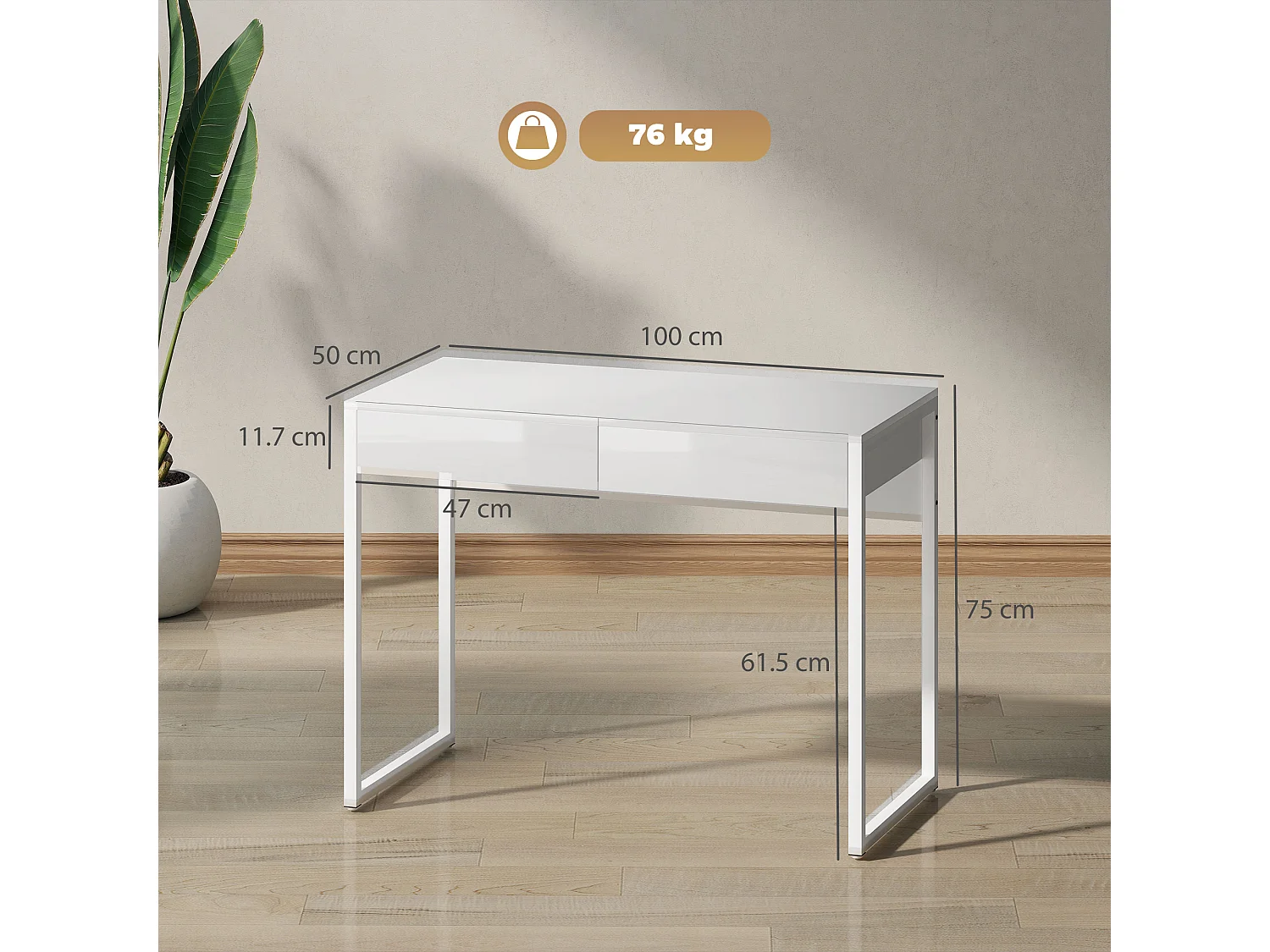 Scrivania Moderna con 2 Cassetti 100x50x75cm Bianco Lucido