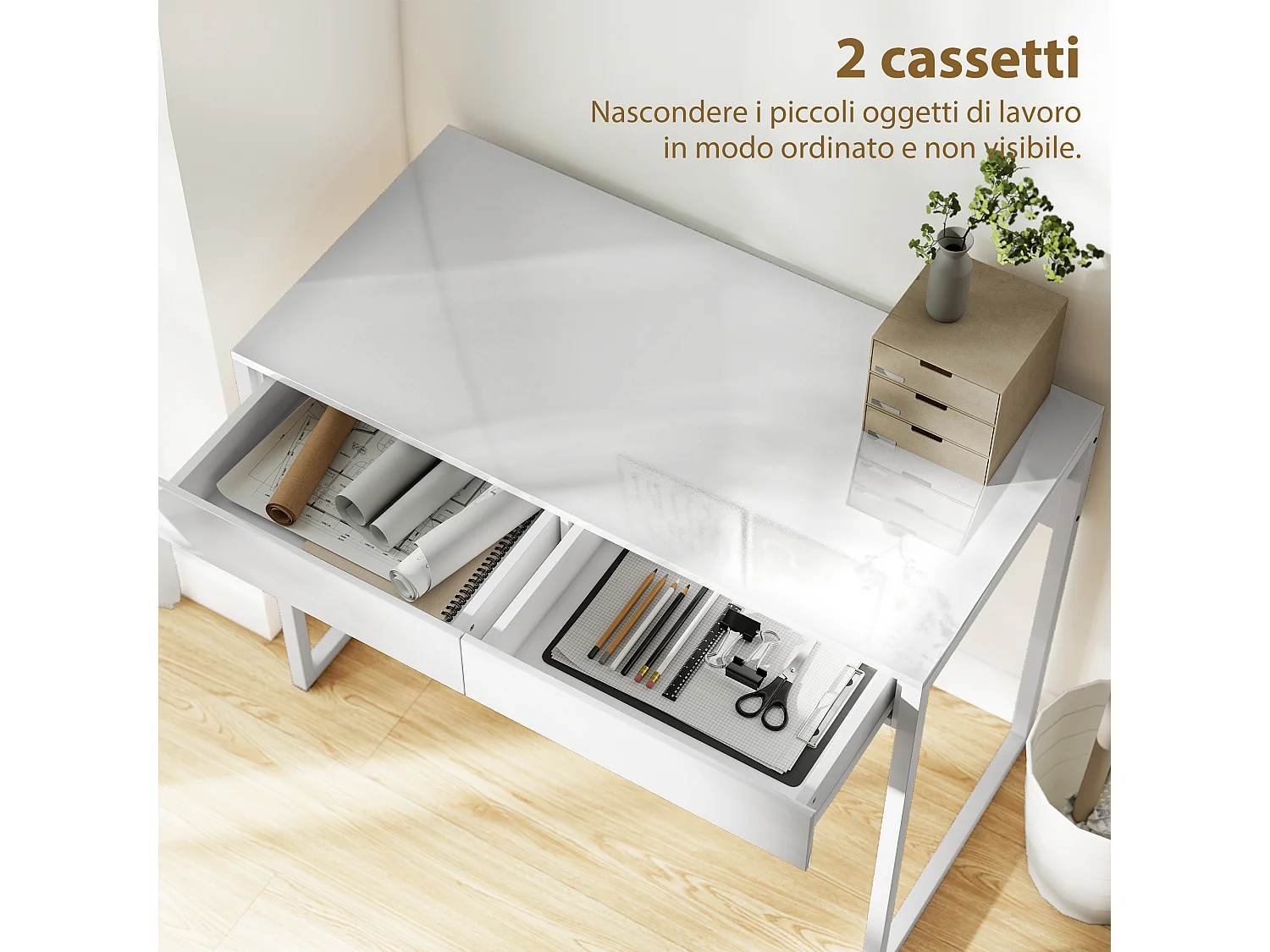 Scrivania Moderna con 2 Cassetti 100x50x75cm Bianco Lucido