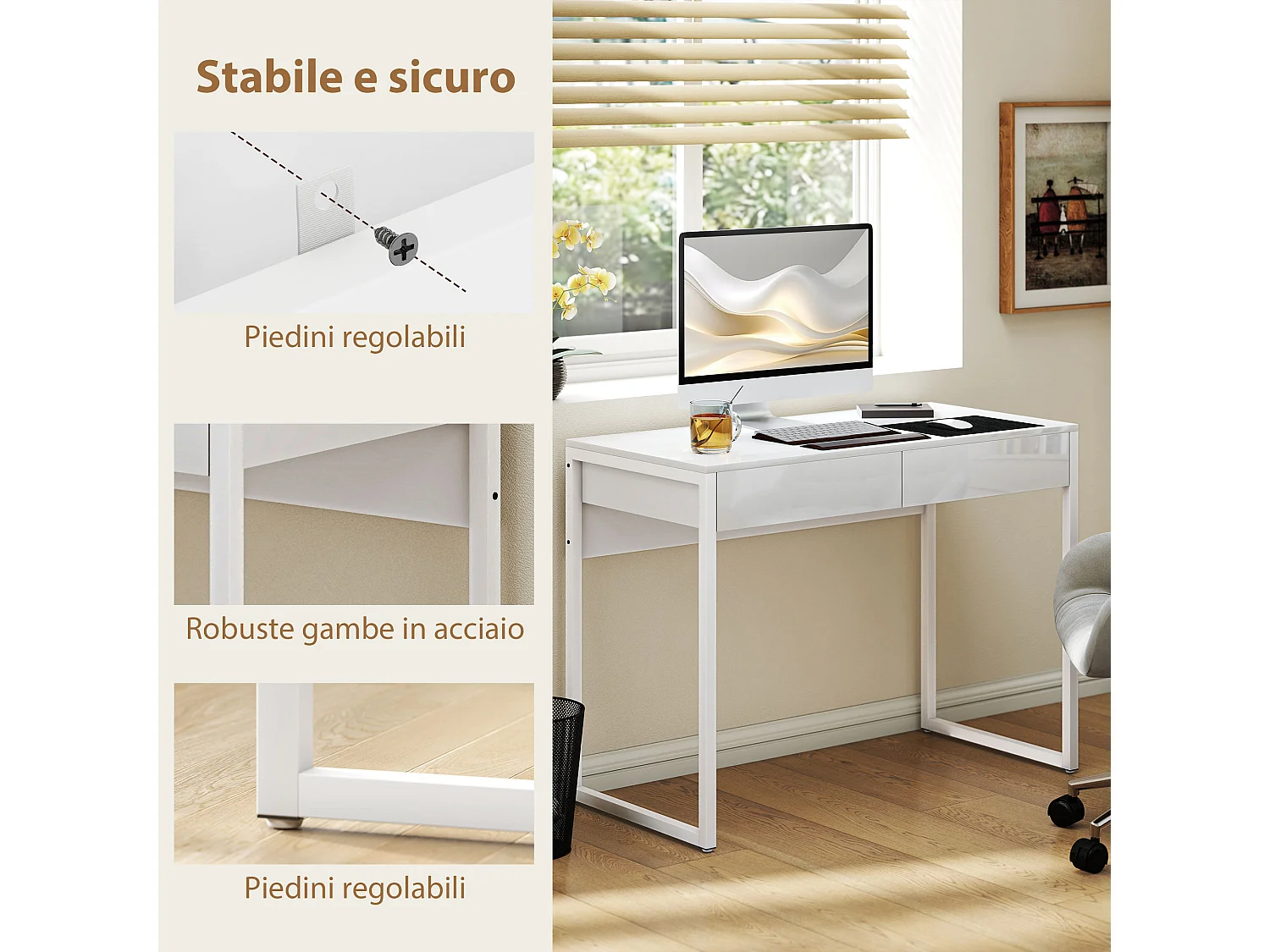 Scrivania Moderna con 2 Cassetti 100x50x75cm Bianco Lucido