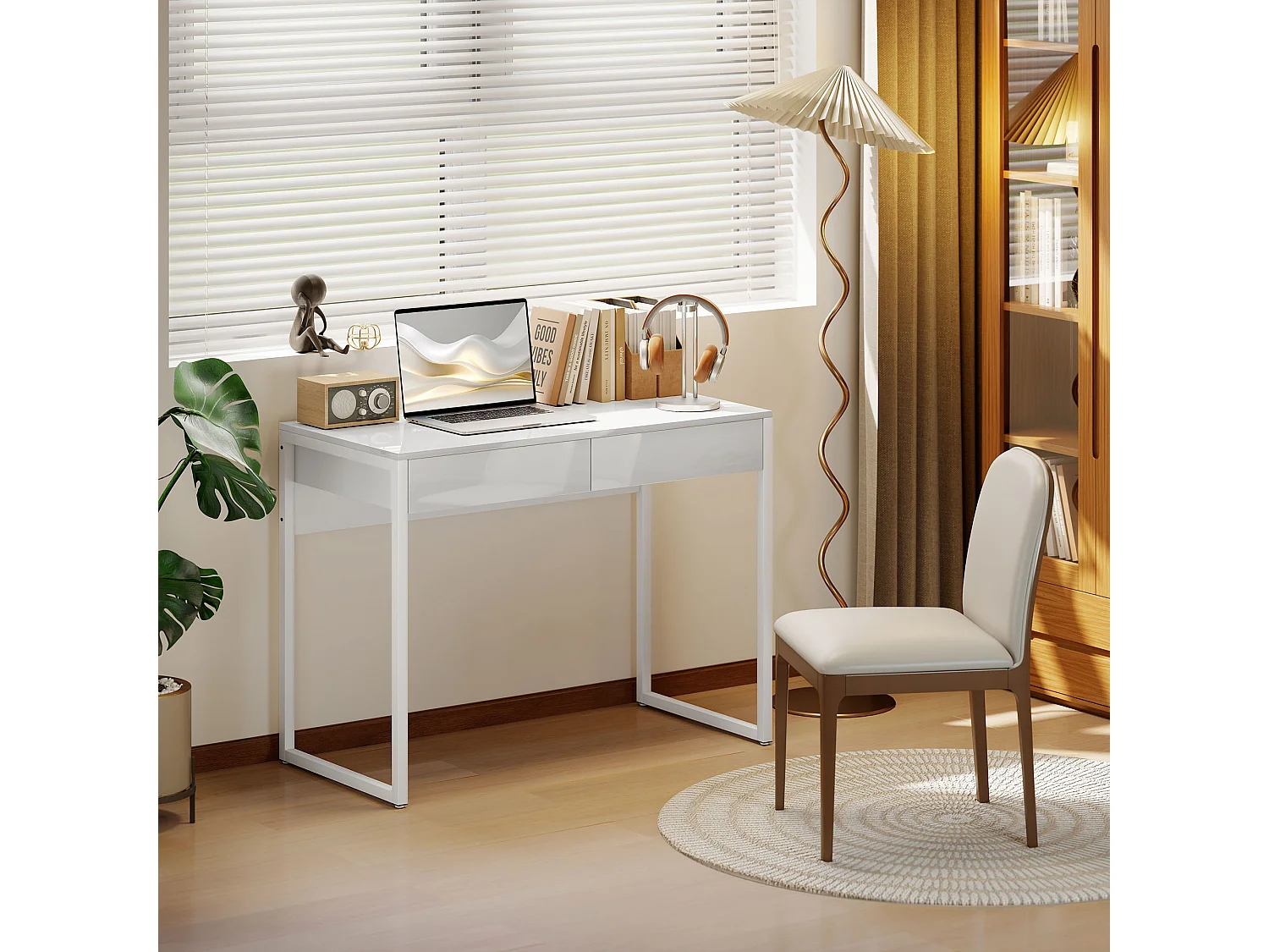 Scrivania Moderna con 2 Cassetti 100x50x75cm Bianco Lucido