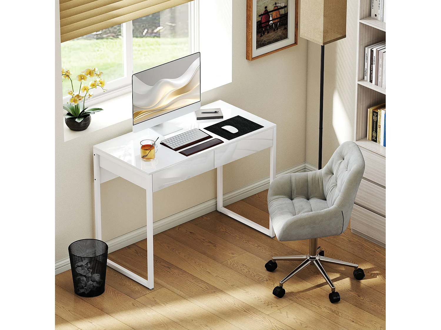 Scrivania Moderna con 2 Cassetti 100x50x75cm Bianco Lucido