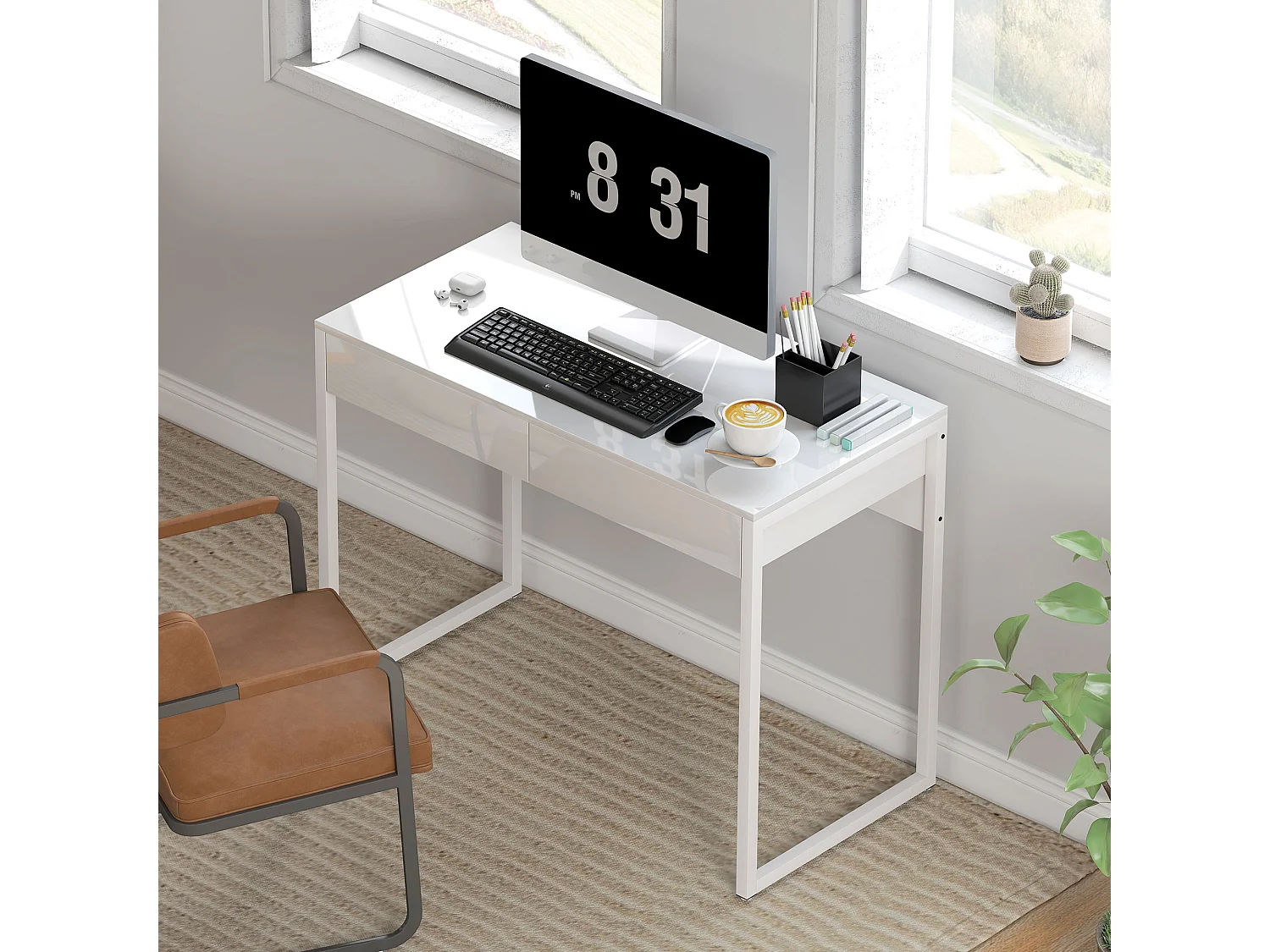 Scrivania Moderna con 2 Cassetti 100x50x75cm Bianco Lucido