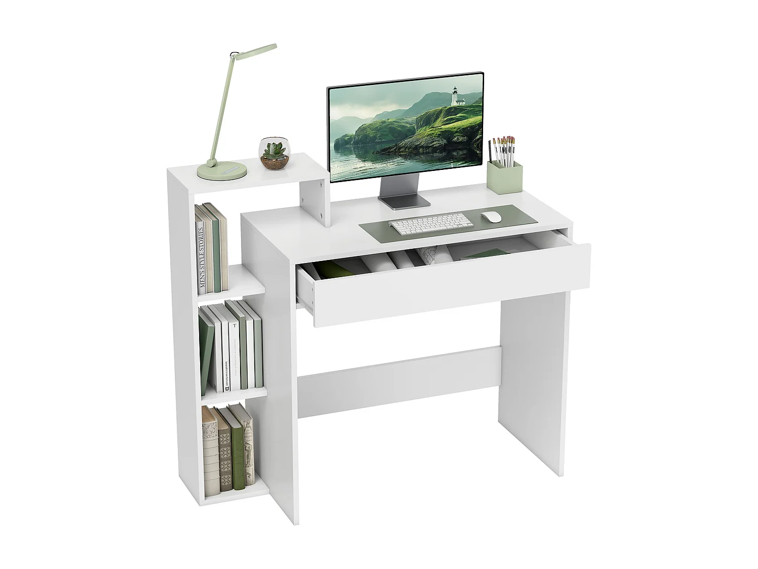 Scrivania pc compatta con 3 ripiani aperti e cassetto in legno bianco