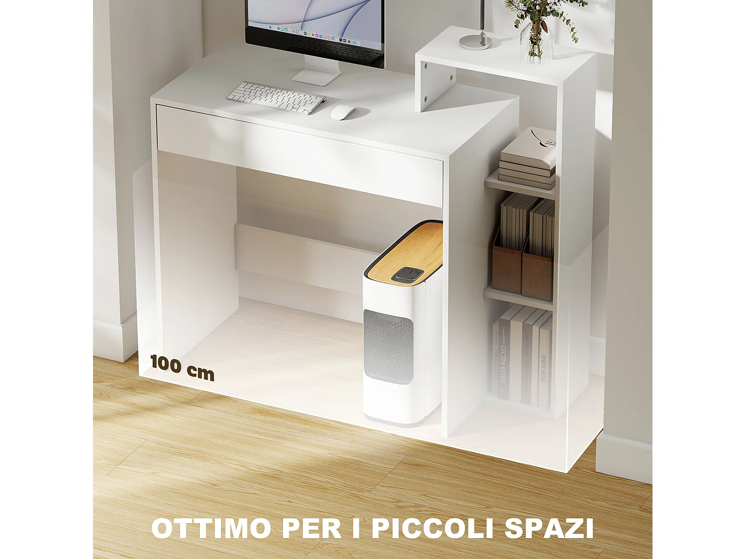 Scrivania pc compatta con 3 ripiani aperti e cassetto in legno bianco