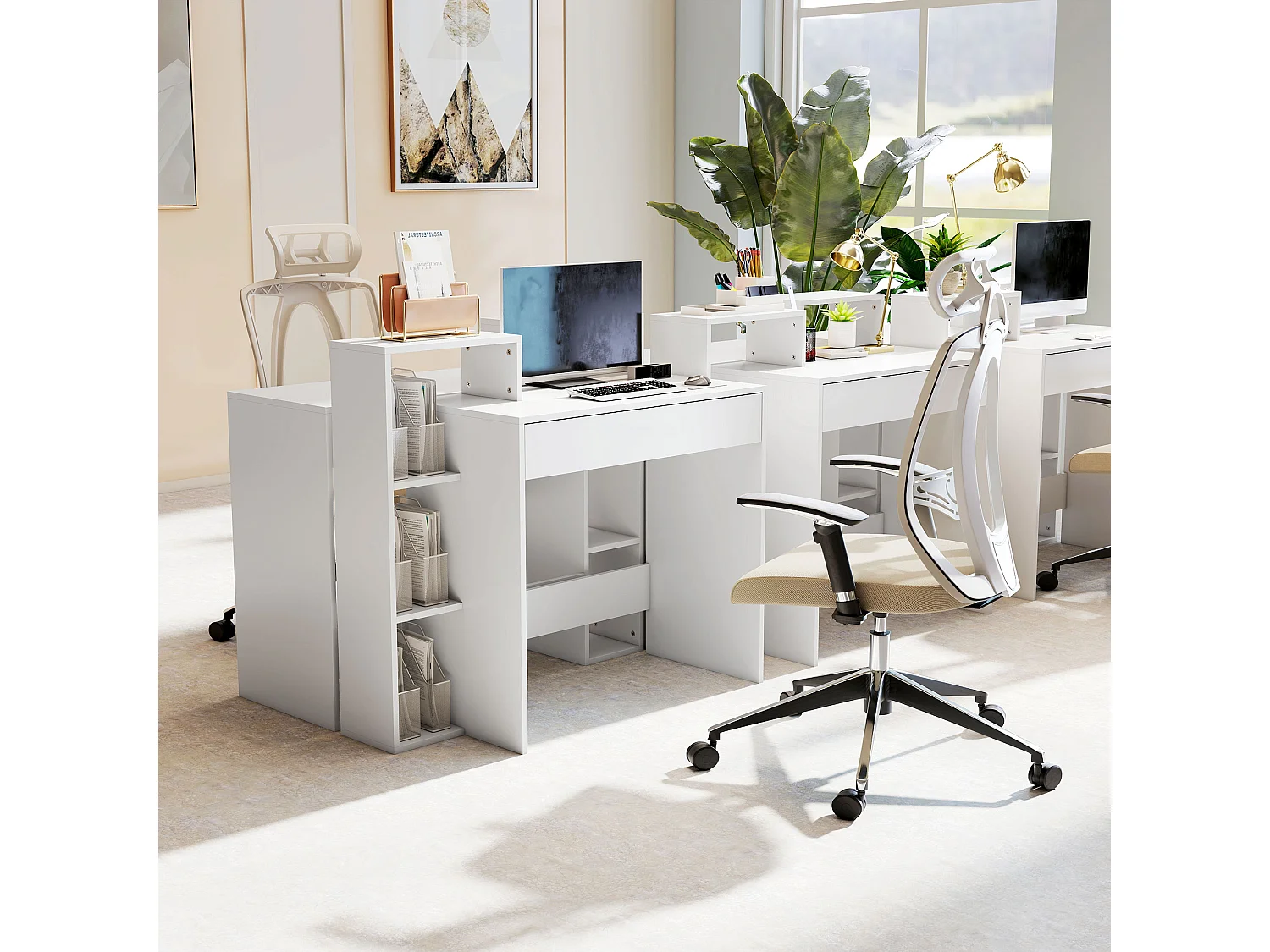 Scrivania pc compatta con 3 ripiani aperti e cassetto in legno bianco