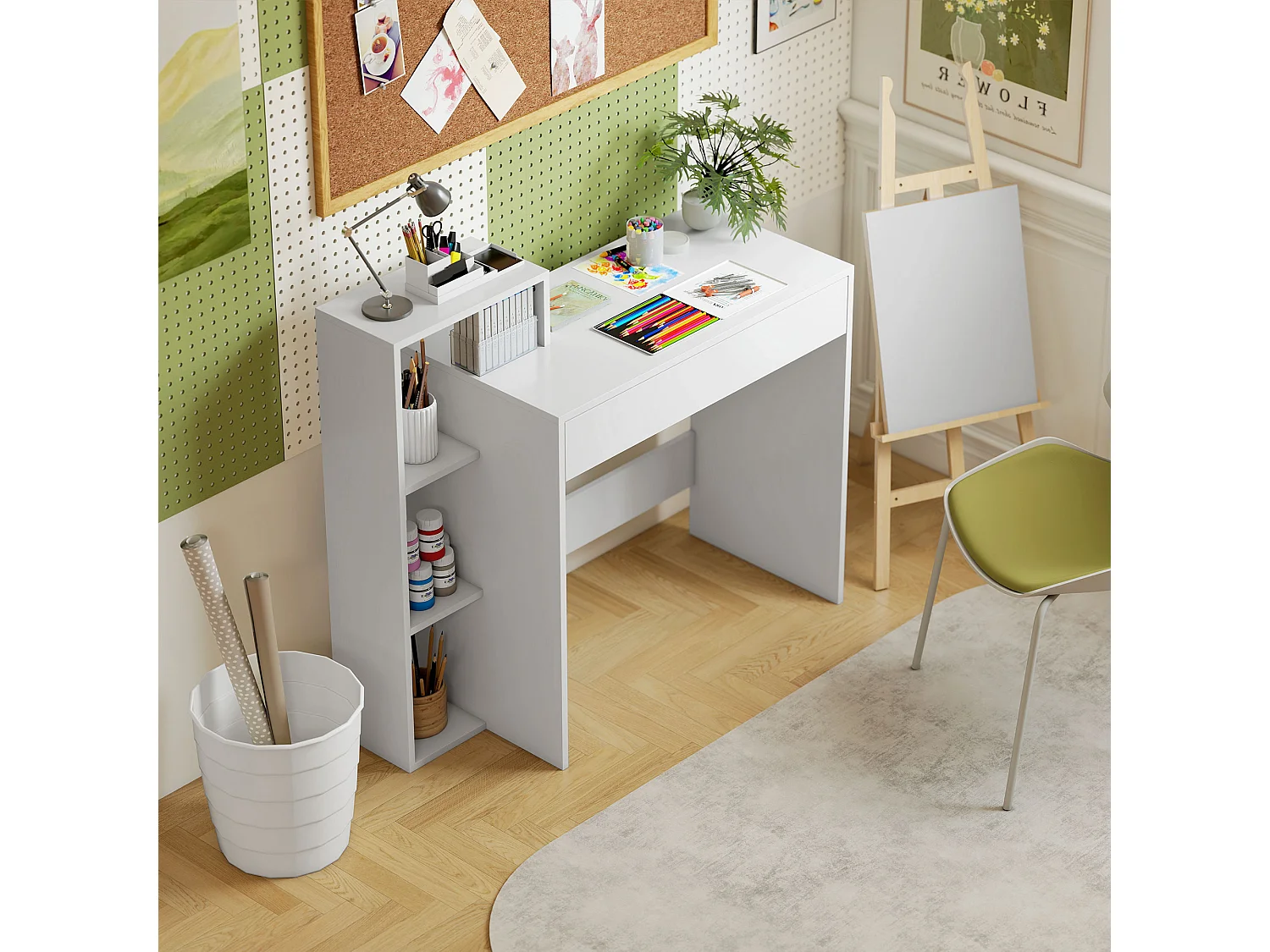 Scrivania pc compatta con 3 ripiani aperti e cassetto in legno bianco