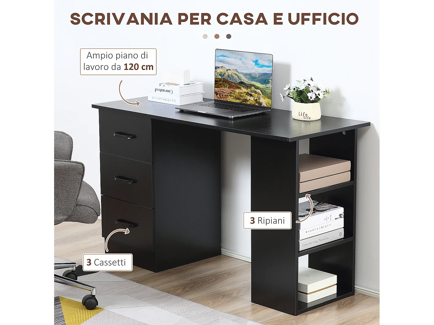 Scrivania moderna con 3 ripiani e 3 cassetti in legno nero