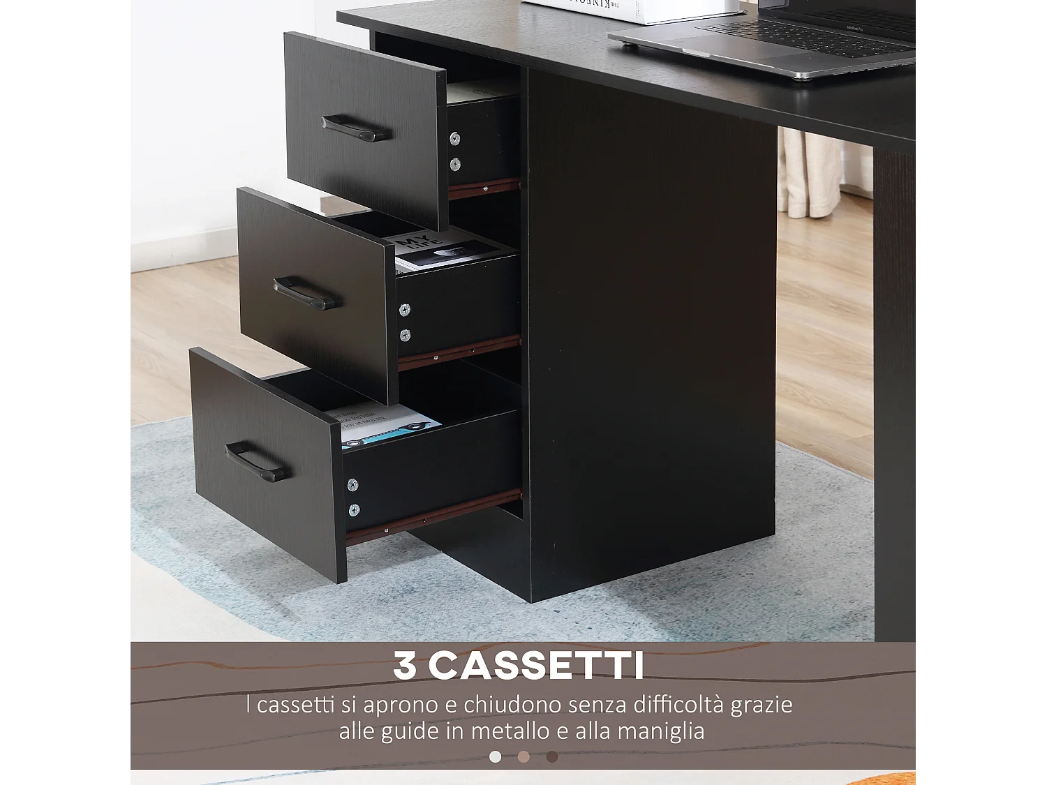 Scrivania moderna con 3 ripiani e 3 cassetti in legno nero