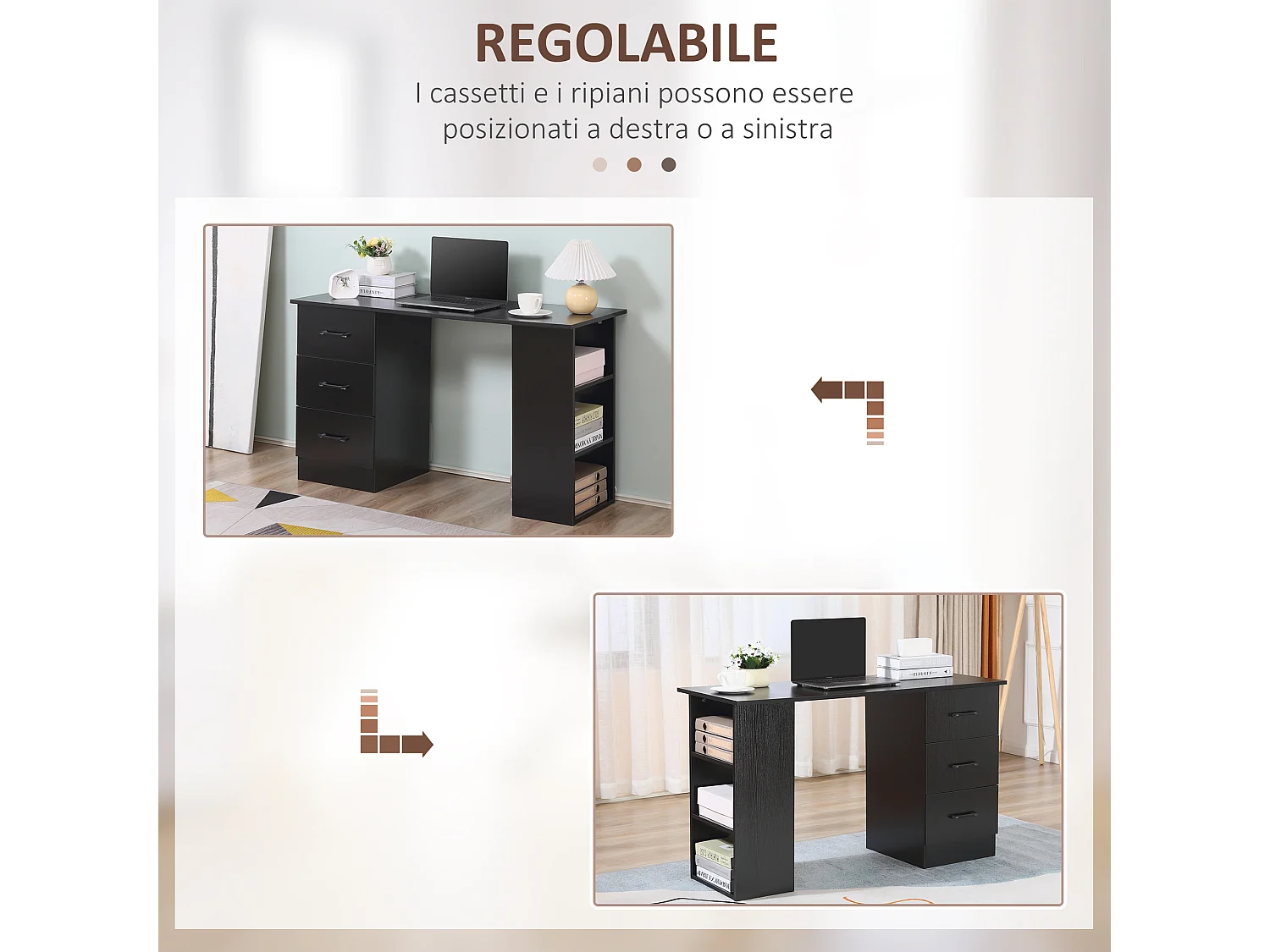 Scrivania moderna con 3 ripiani e 3 cassetti in legno nero