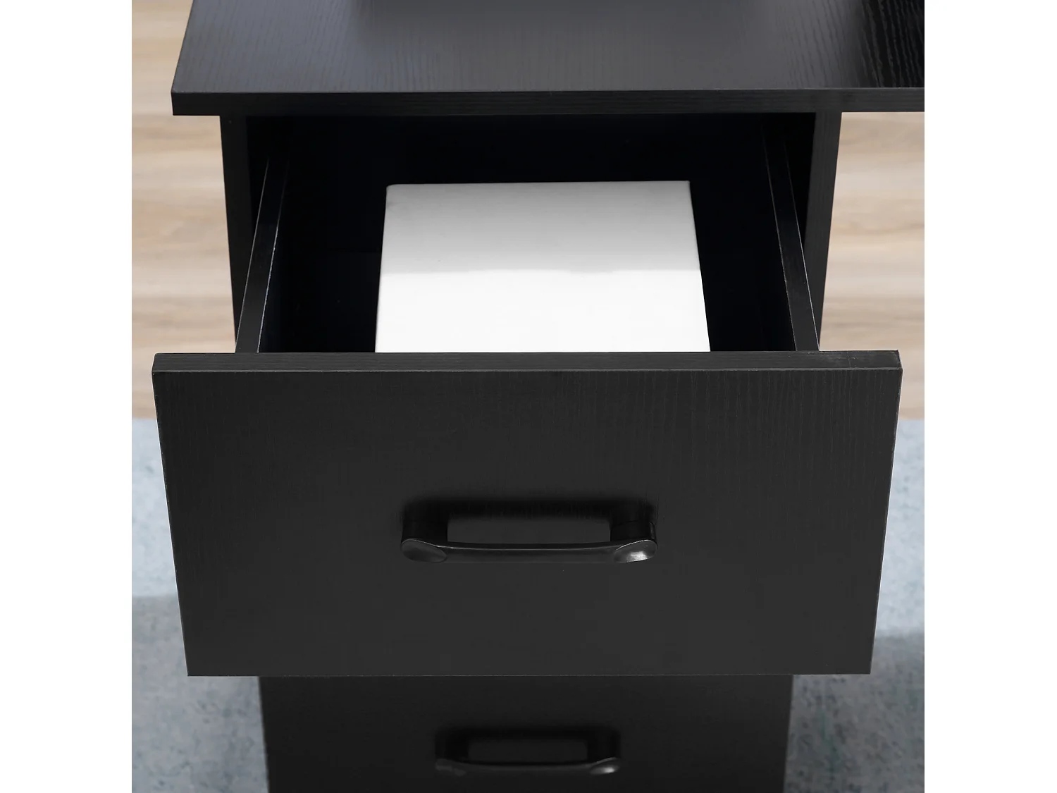 Scrivania moderna con 3 ripiani e 3 cassetti in legno nero