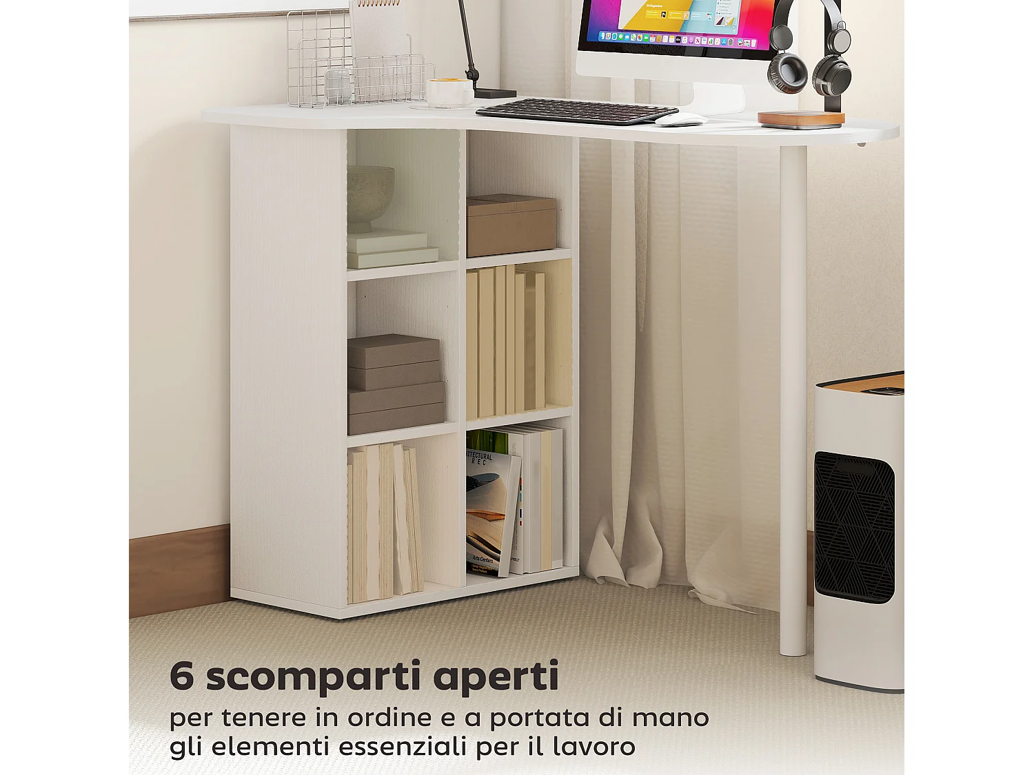 Scrivania per camera con 6 ripiani e 4 scaffali regolabili bianca
