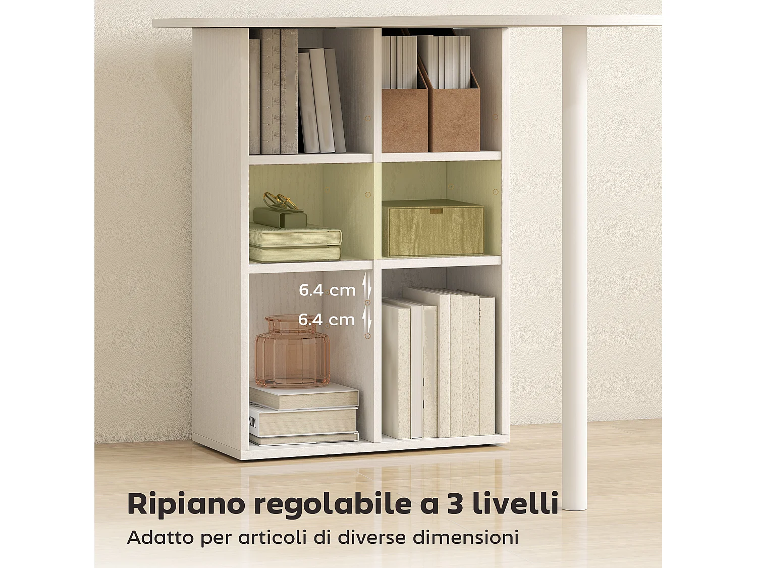 Scrivania per camera con 6 ripiani e 4 scaffali regolabili bianca