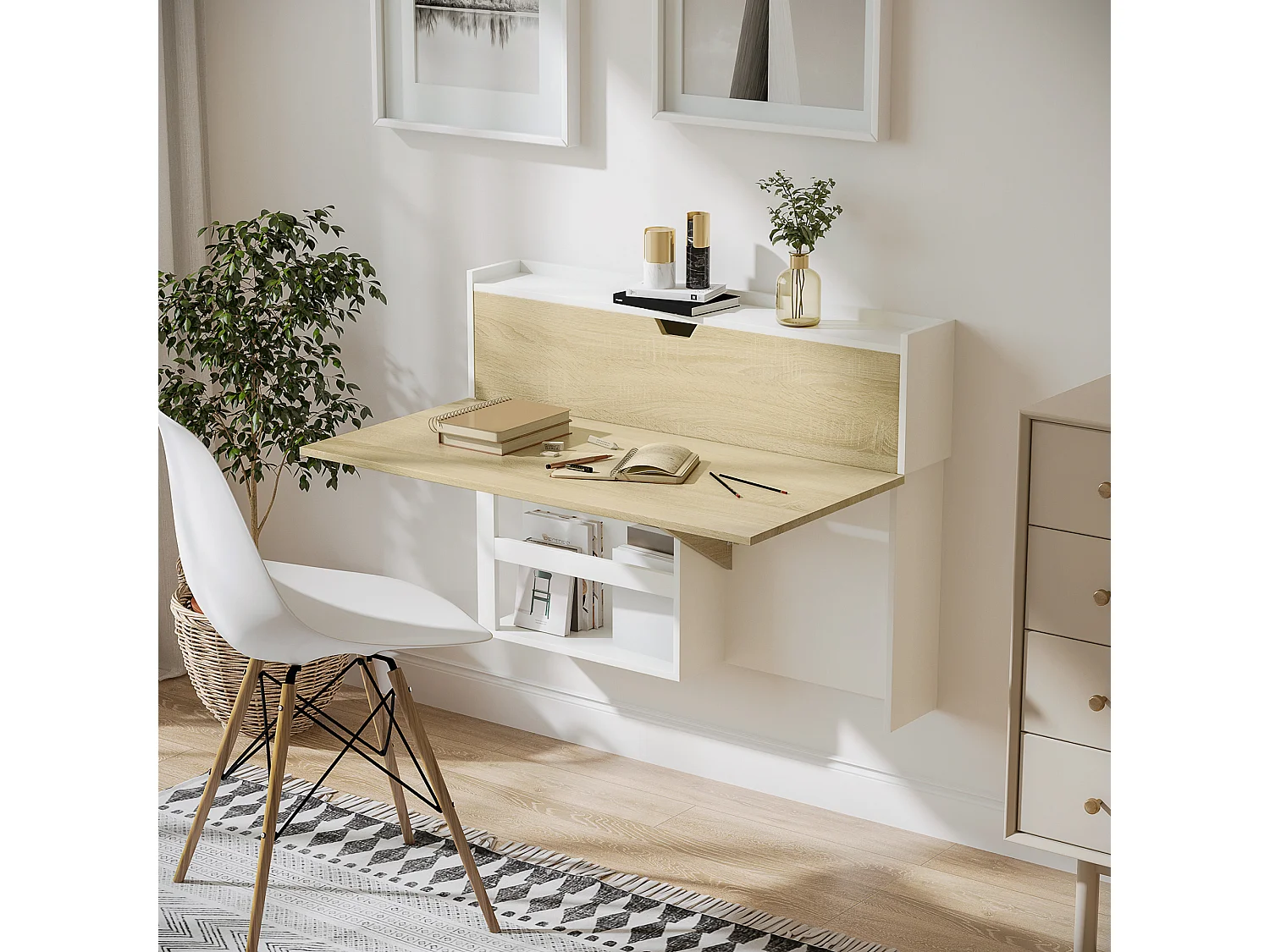 Scrivania a muro pieghevole con ripiani per casa e ufficio