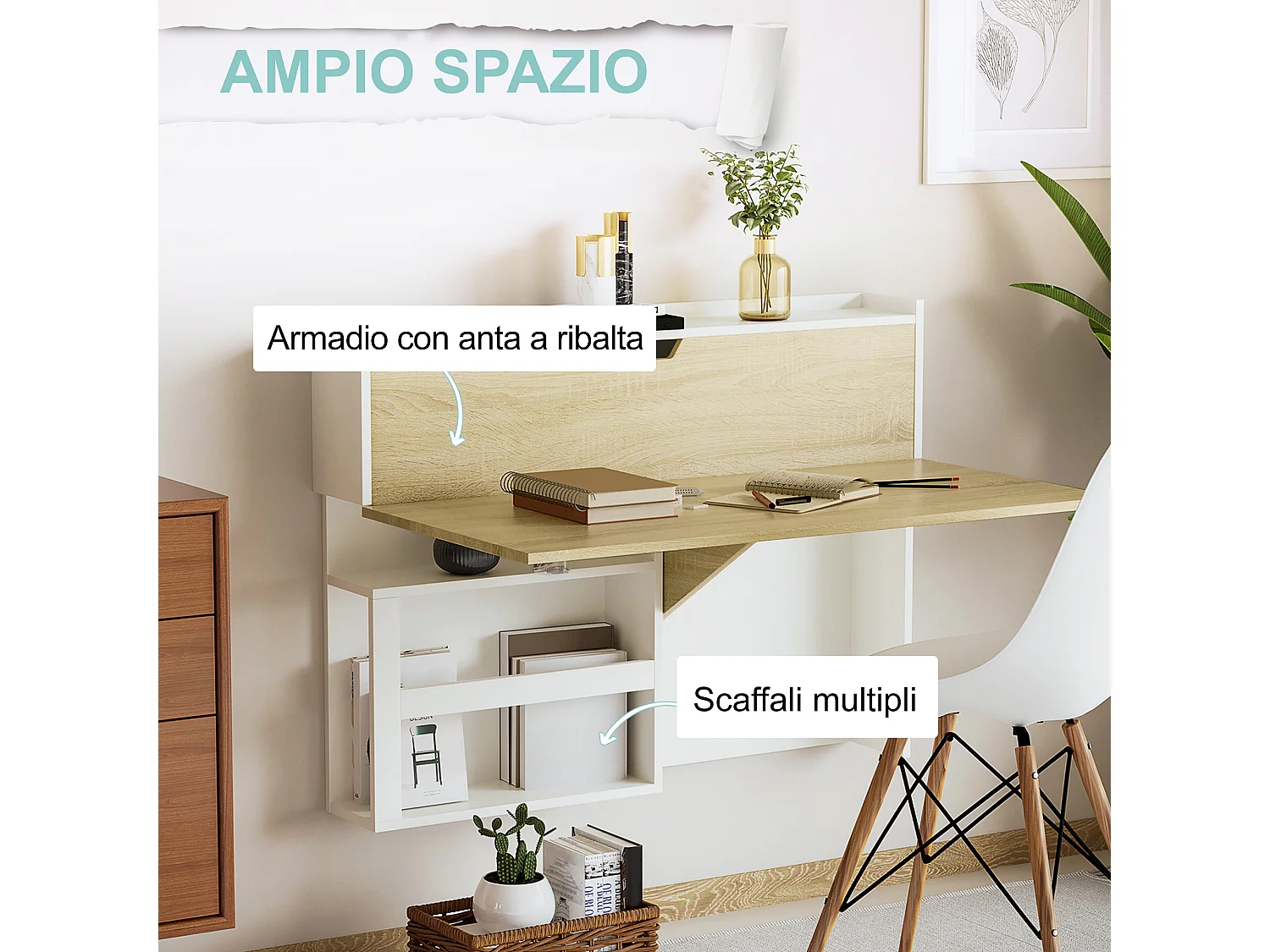 Scrivania a muro pieghevole con ripiani per casa e ufficio