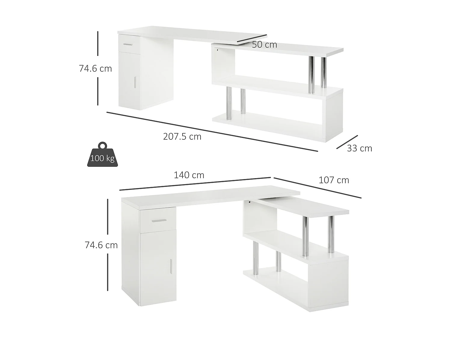 Scrivania angolare moderna con mensole in legno bianco