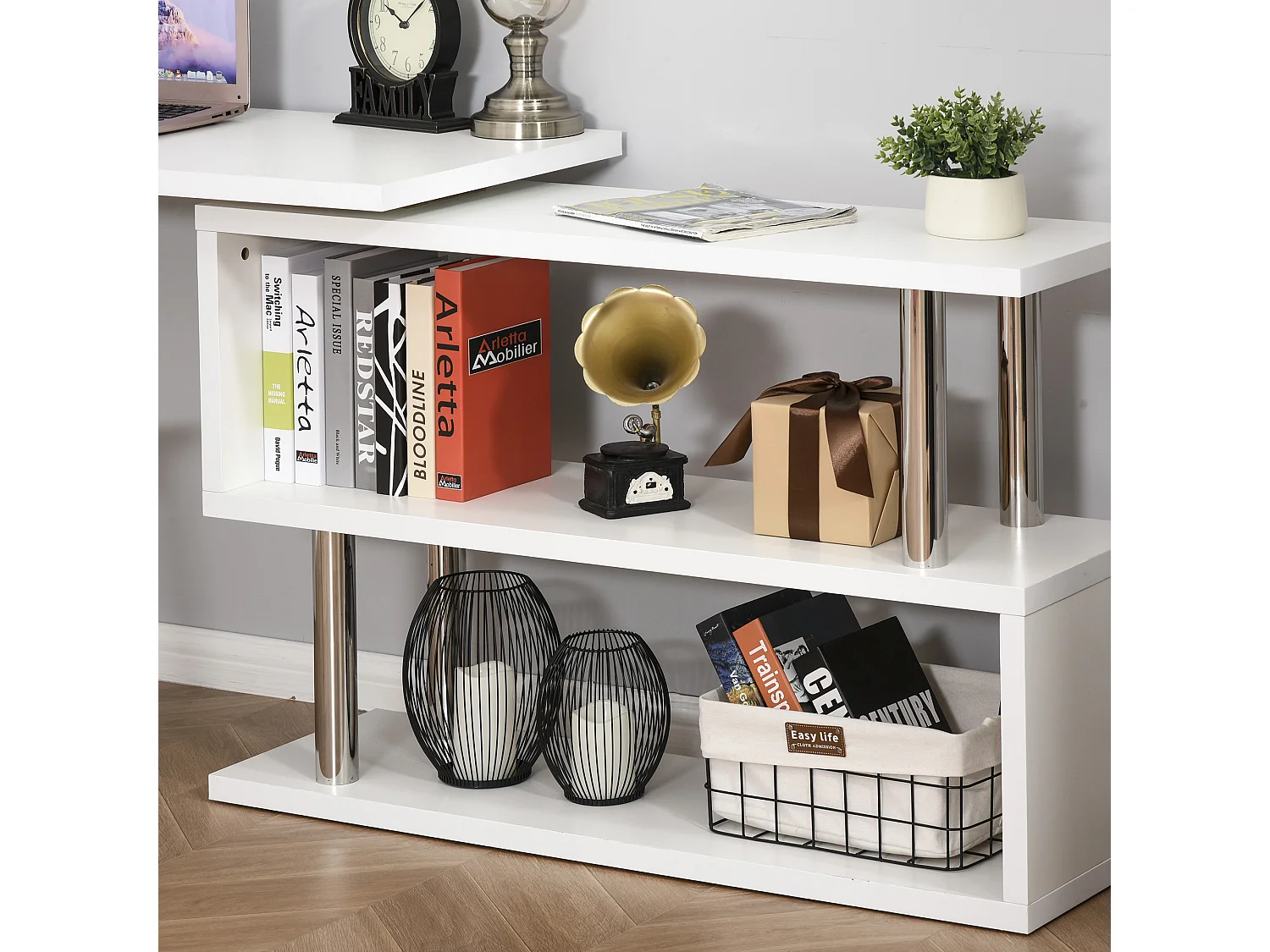 Scrivania angolare moderna con mensole in legno bianco