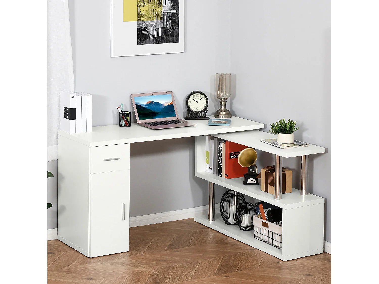 Scrivania angolare moderna con mensole in legno bianco