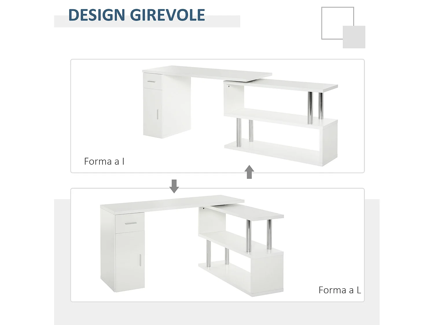 Scrivania angolare moderna con mensole in legno bianco