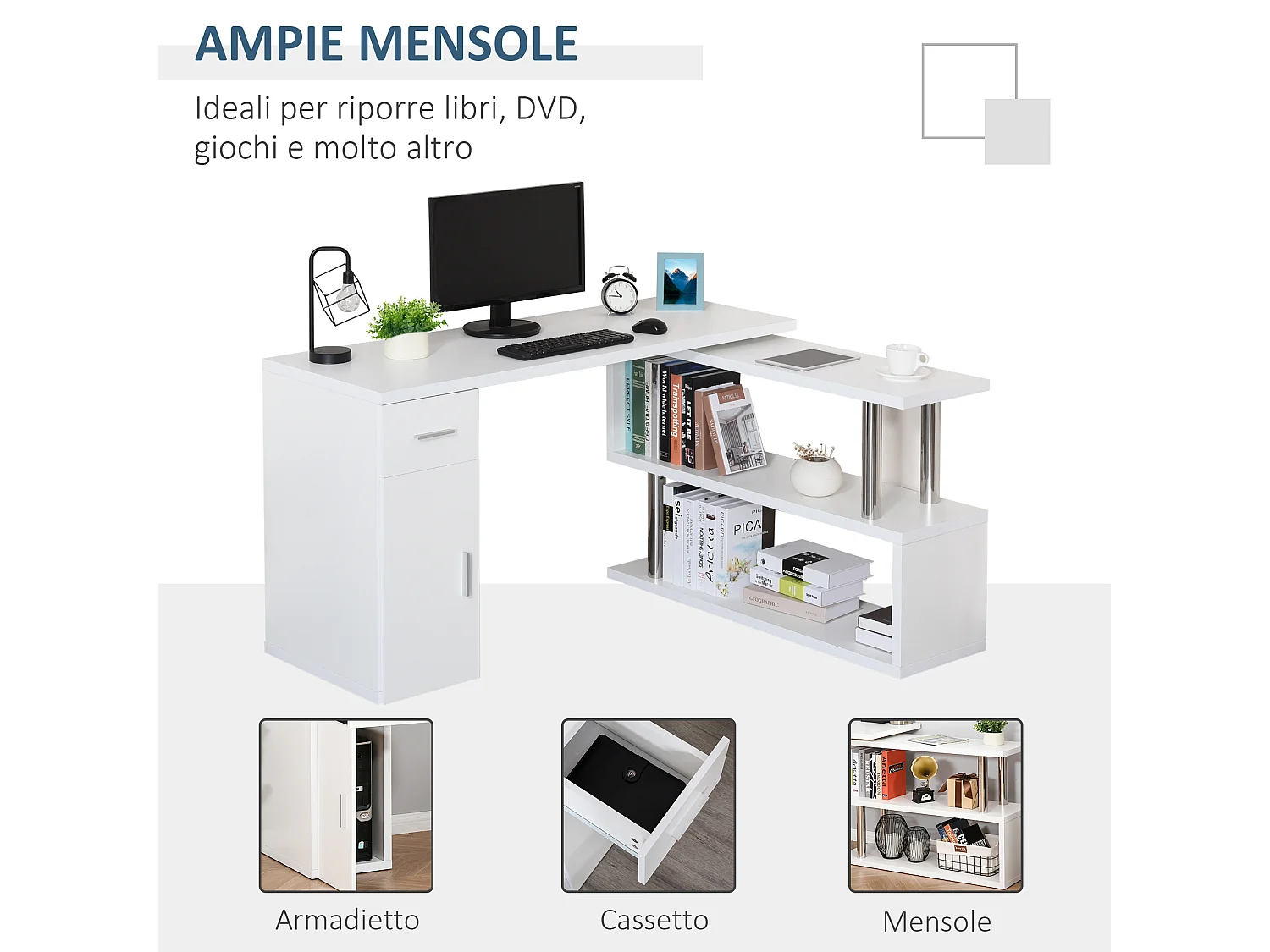 Scrivania angolare moderna con mensole in legno bianco