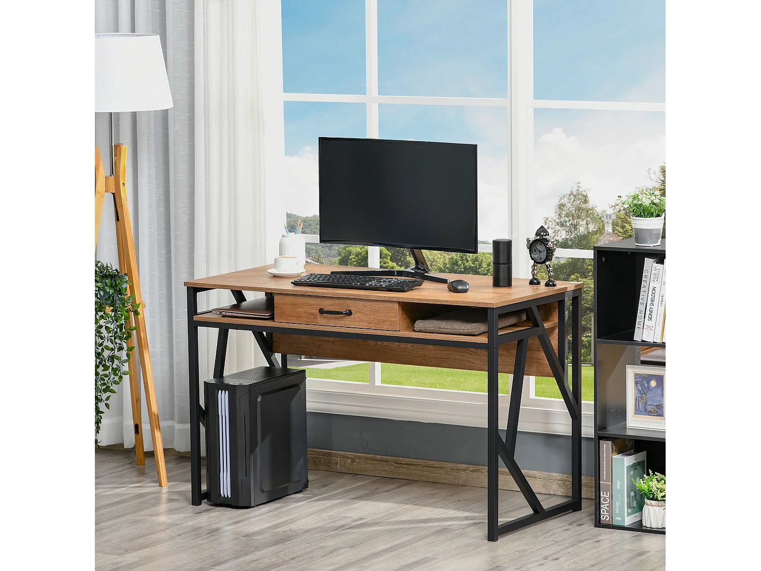 Scrivania stile industriale mensole e cassetto in metallo e mdf