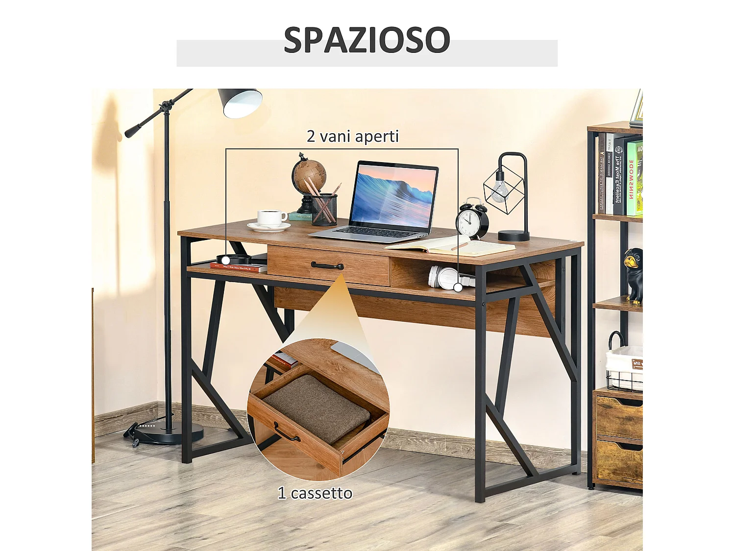 Scrivania stile industriale mensole e cassetto in metallo e mdf