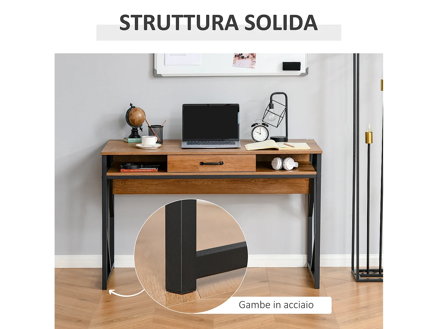 Scrivania stile industriale mensole e cassetto in metallo e mdf