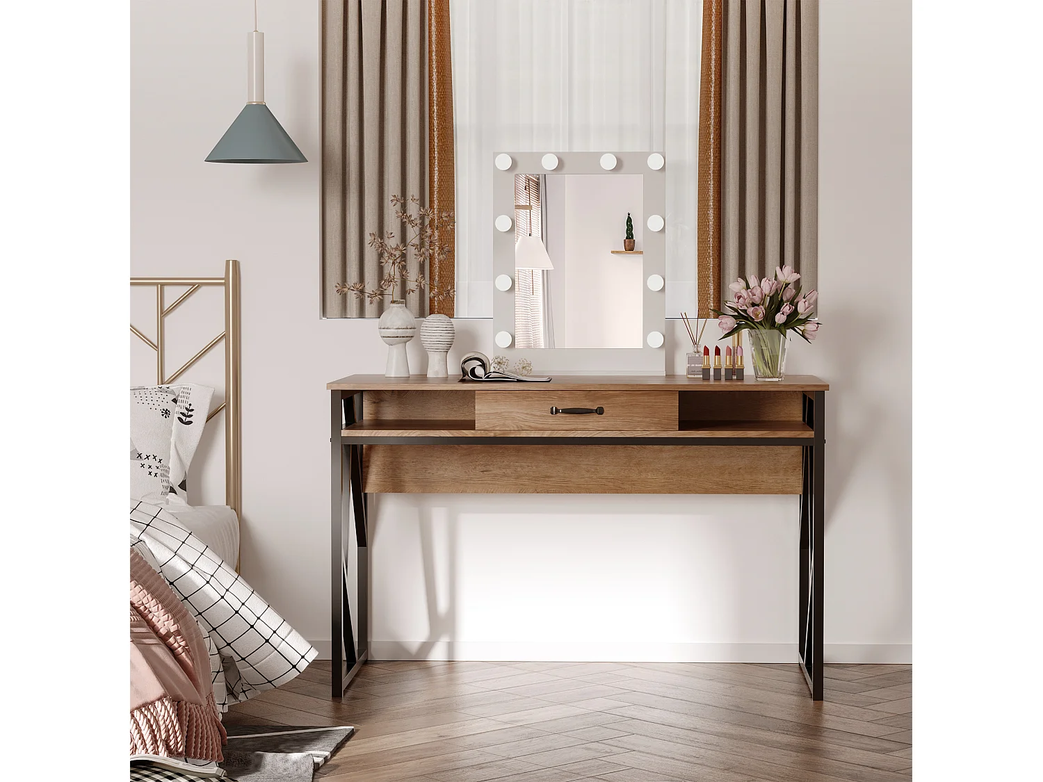 Scrivania stile industriale mensole e cassetto in metallo e mdf