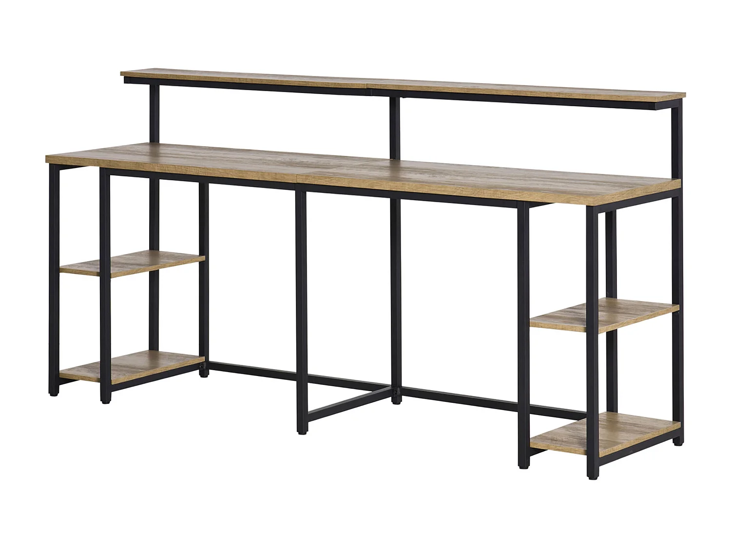 Scrivania doppia stile industriale con scaffali e mensola per monitor