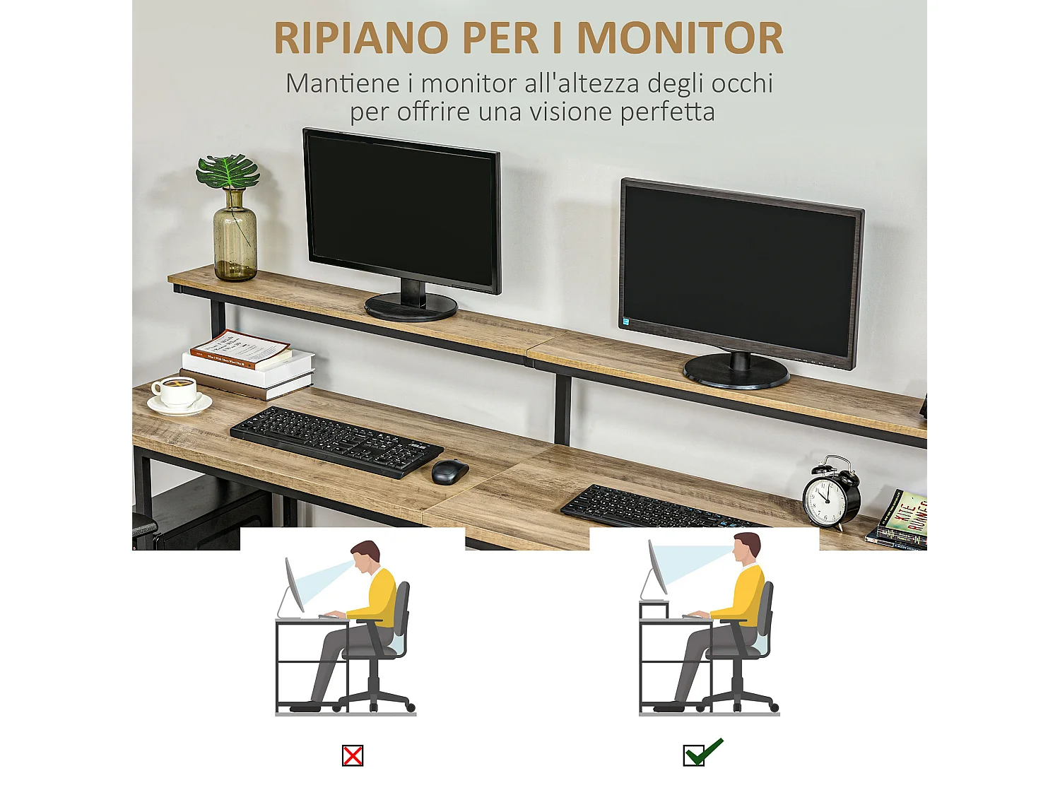 Scrivania doppia stile industriale con scaffali e mensola per monitor