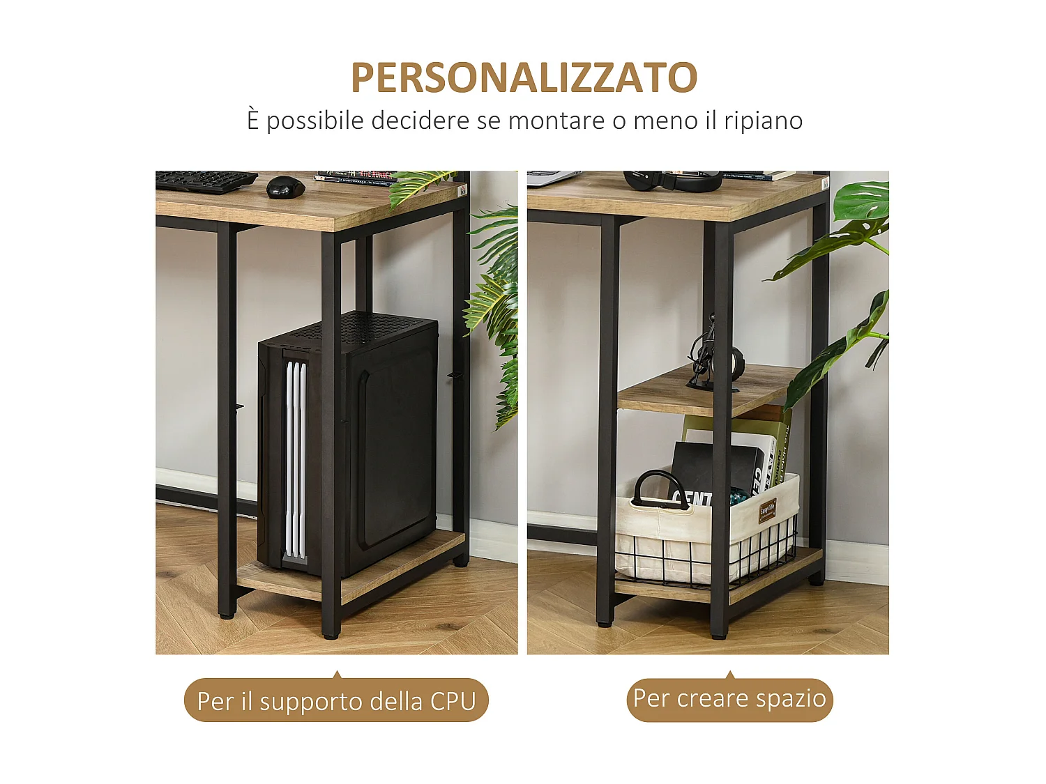 Scrivania doppia stile industriale con scaffali e mensola per monitor