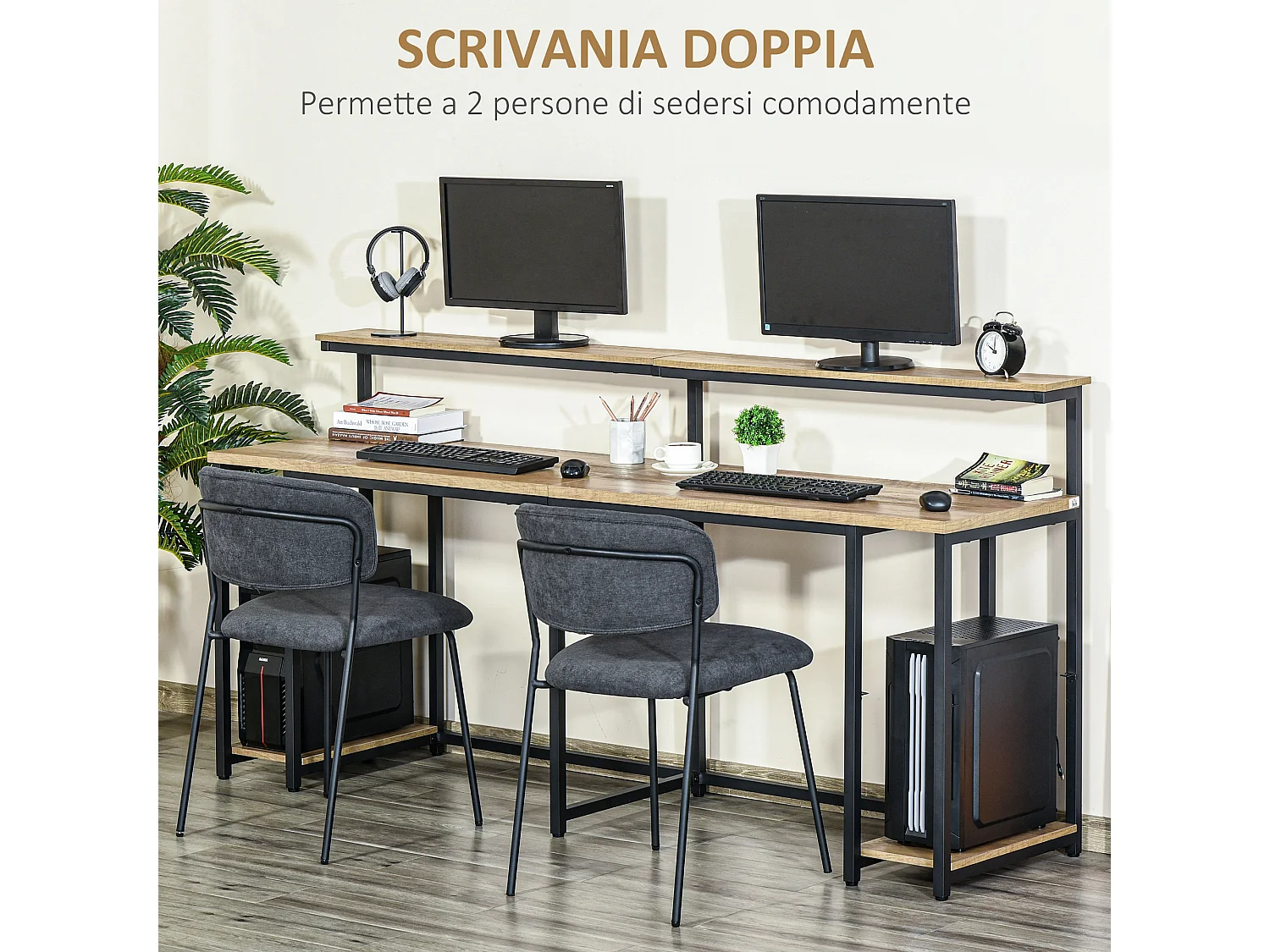Scrivania doppia stile industriale con scaffali e mensola per monitor