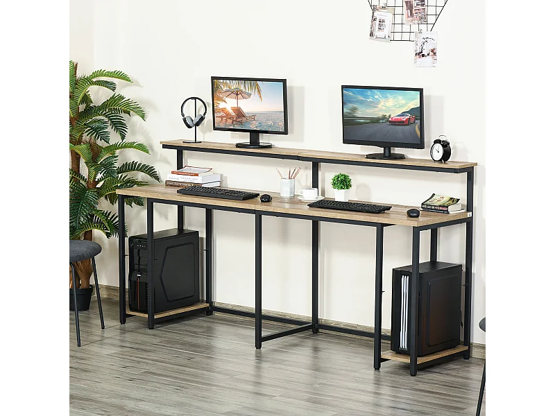 Scrivania doppia stile industriale con scaffali e mensola per monitor