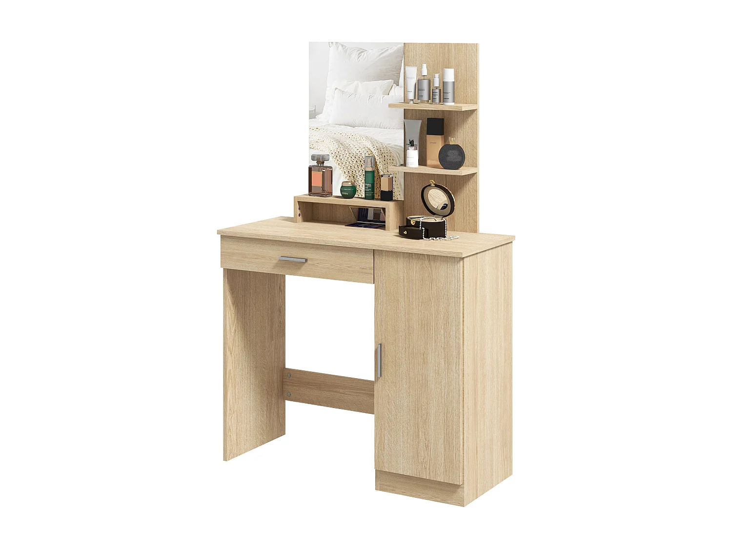 Tavolo per trucco acero con armadietto, cassetto, ripiani e specchio