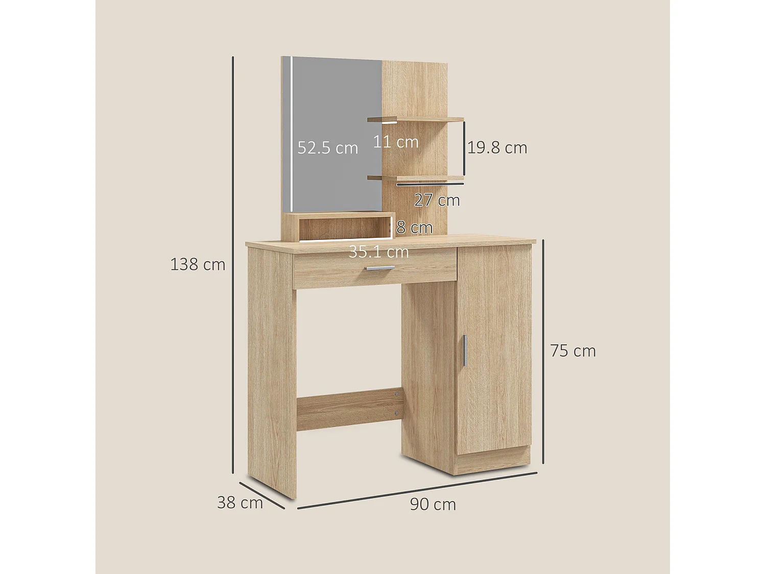 Tavolo per trucco acero con armadietto, cassetto, ripiani e specchio