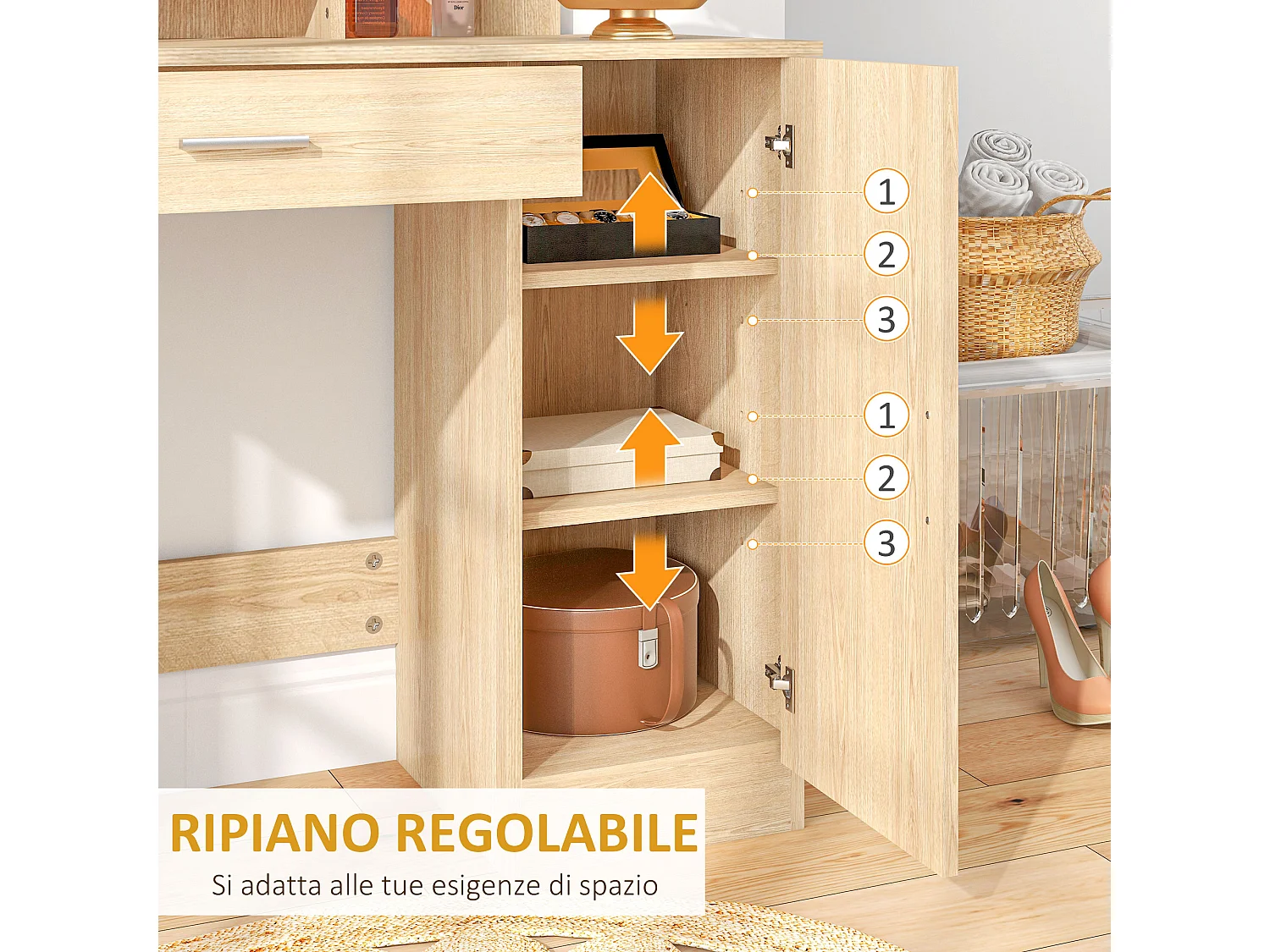 Tavolo per trucco acero con armadietto, cassetto, ripiani e specchio