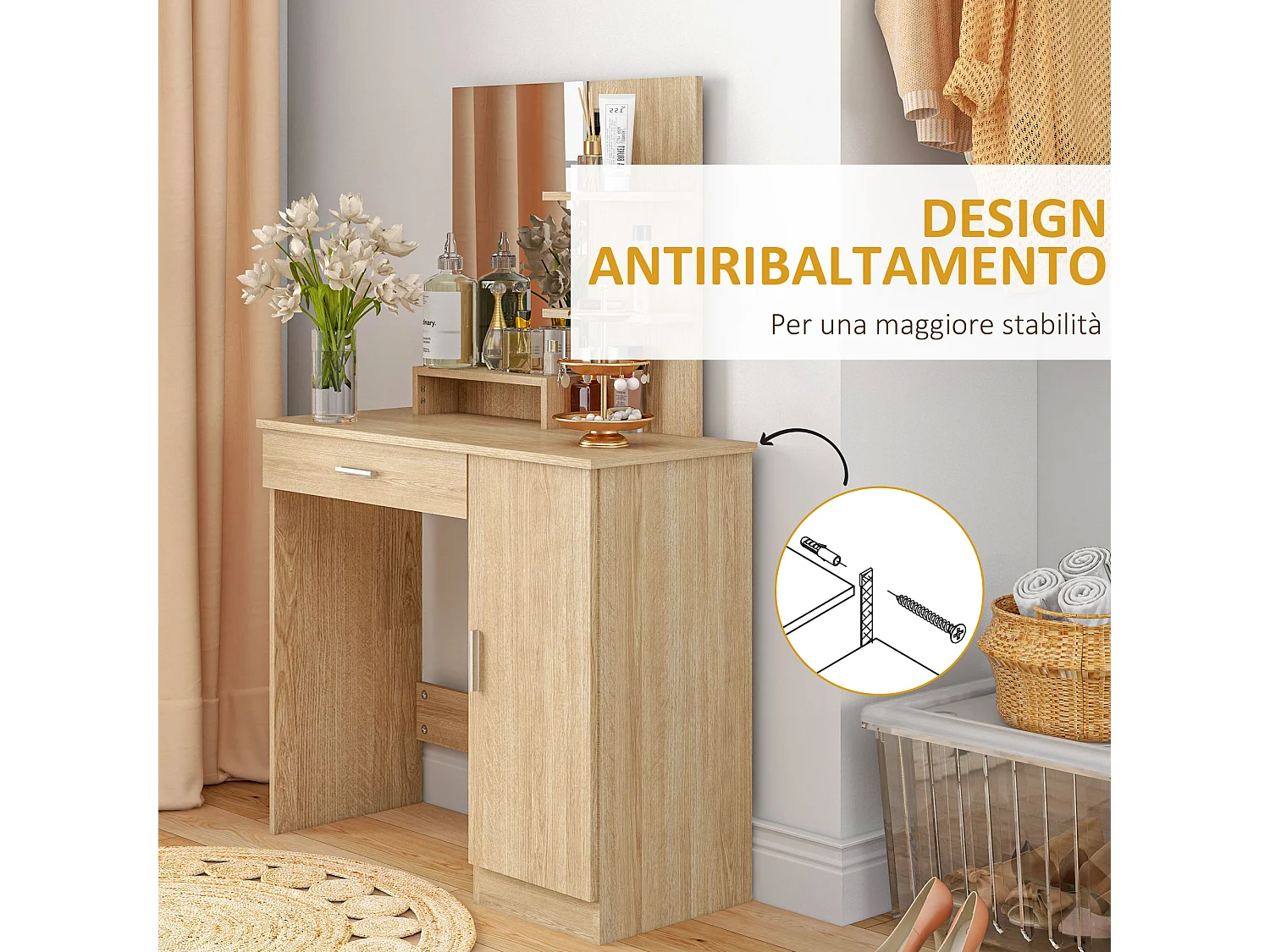 Tavolo per trucco acero con armadietto, cassetto, ripiani e specchio