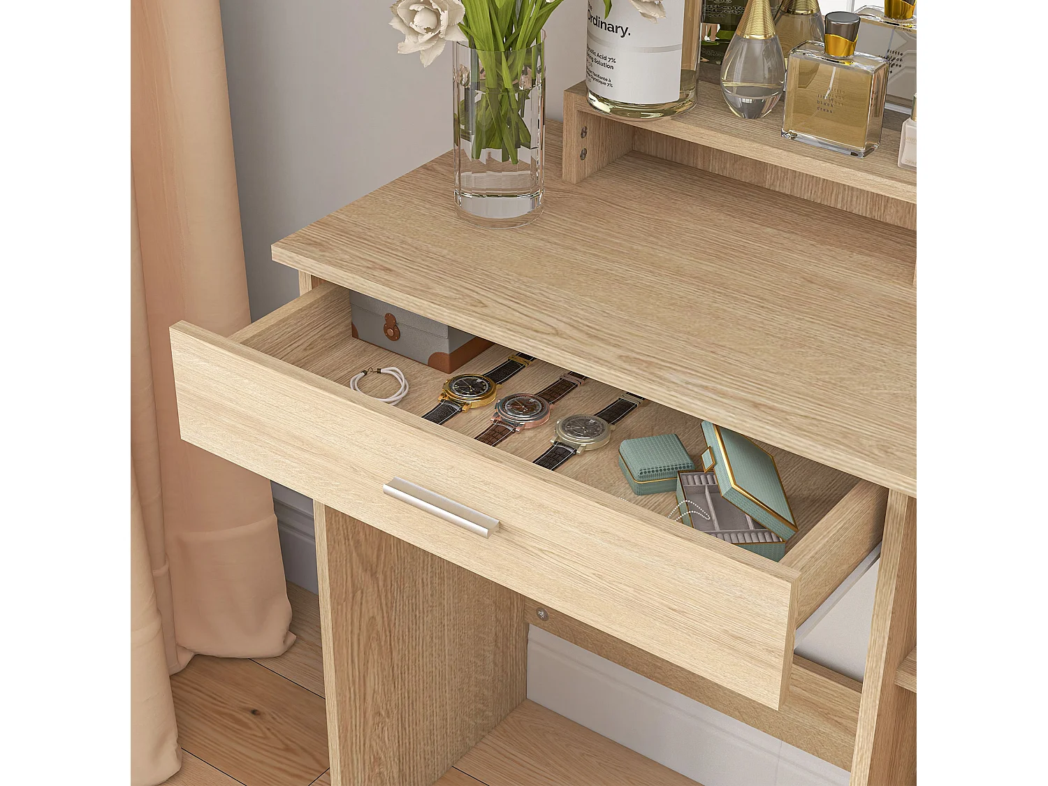 Tavolo per trucco acero con armadietto, cassetto, ripiani e specchio