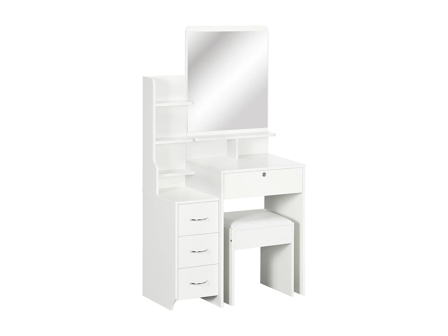 Tavolino da trucco con sgabello specchio cassetti e ripiani bianco